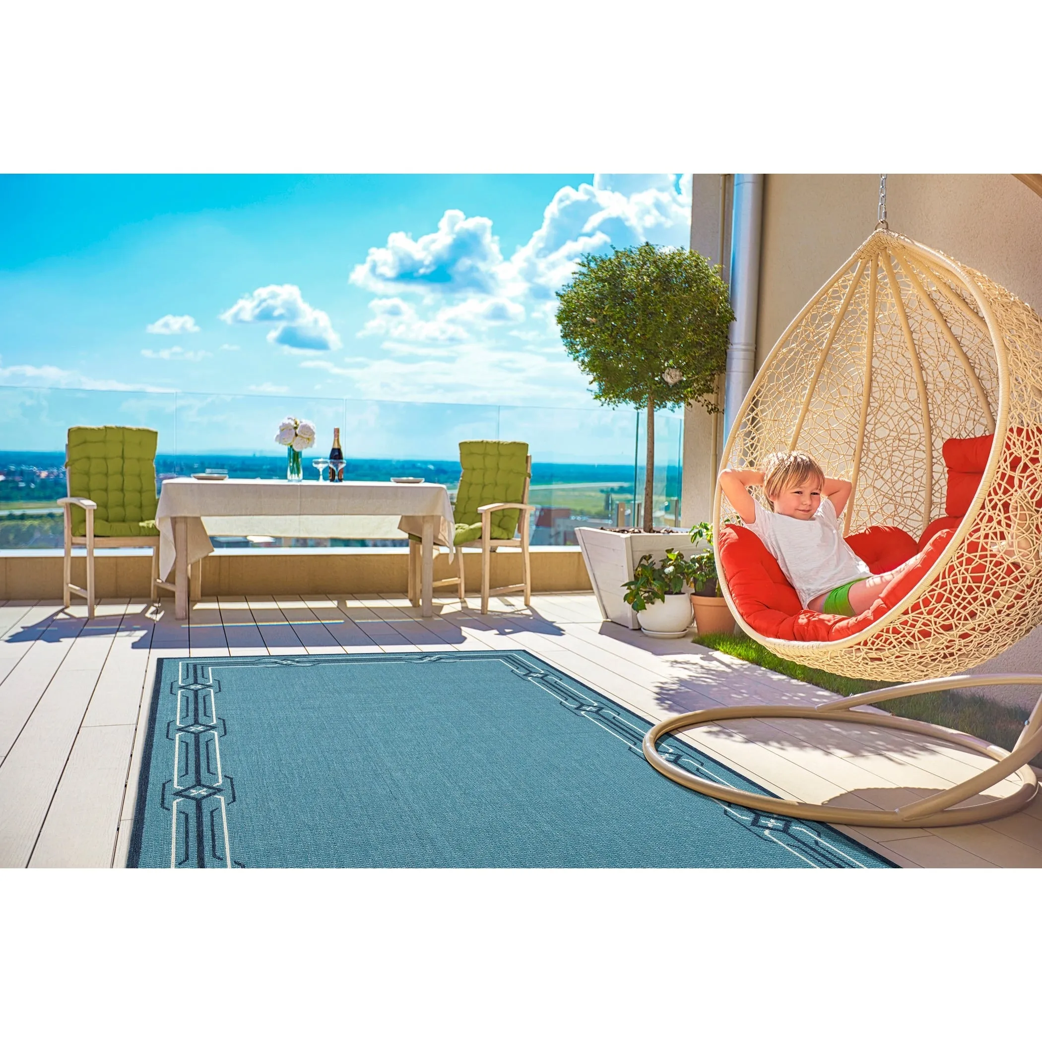 Ambrosi Nautical Geometric Border Indoor/ Outdoor Area Rug