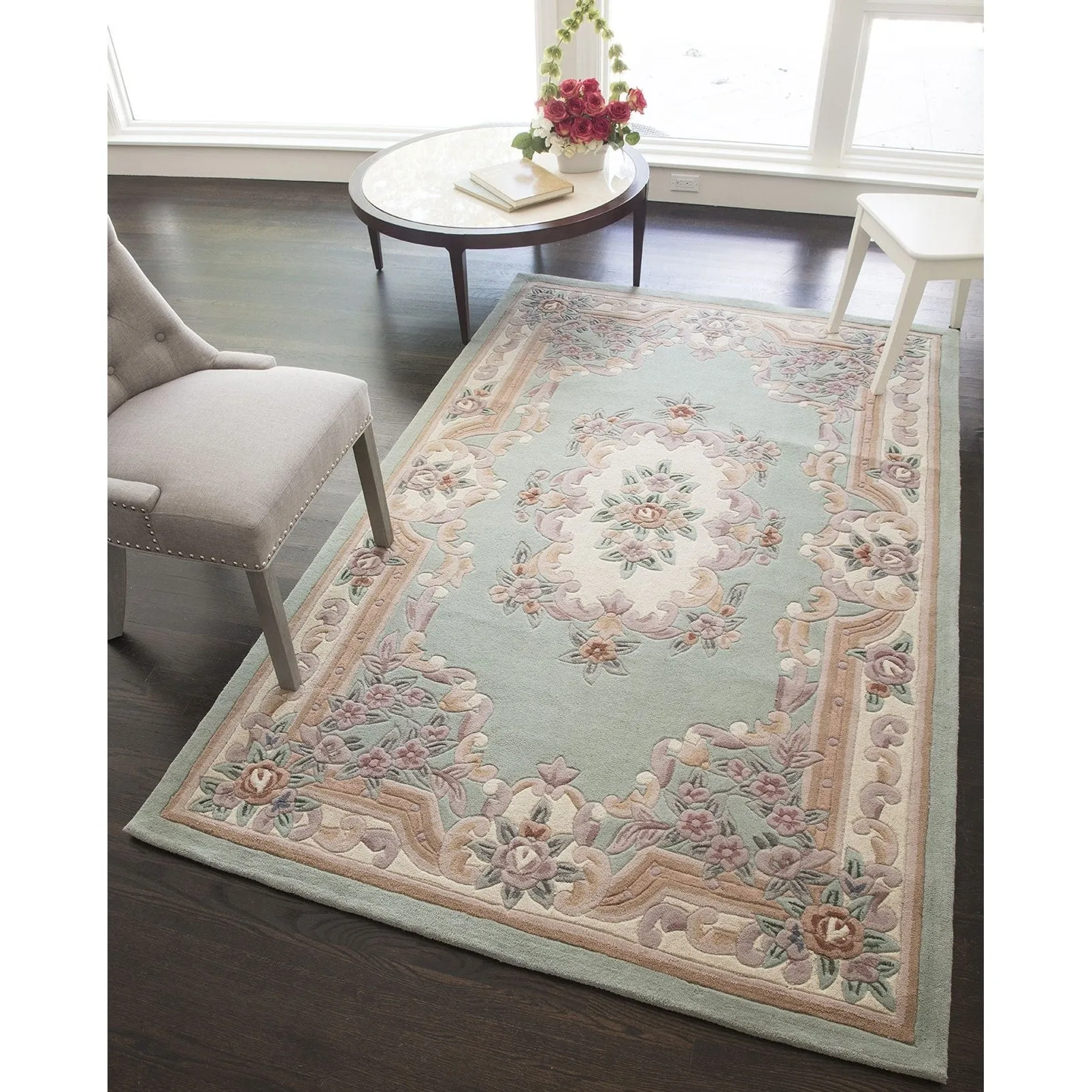 Aubusson Light Green Hand-Tufted Carved Wool Area Rug Round Runner