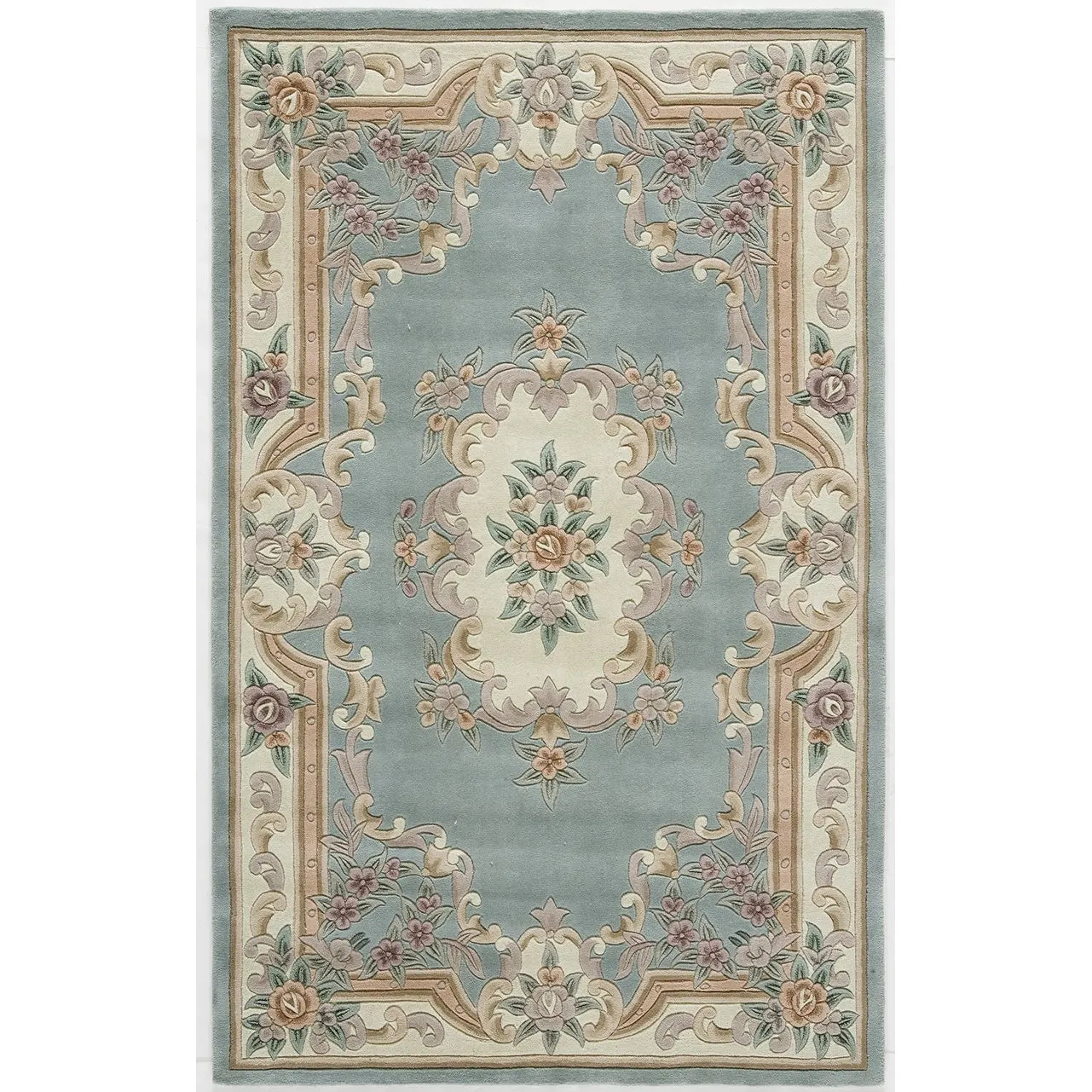 Aubusson Light Green Hand-Tufted Carved Wool Area Rug Round Runner