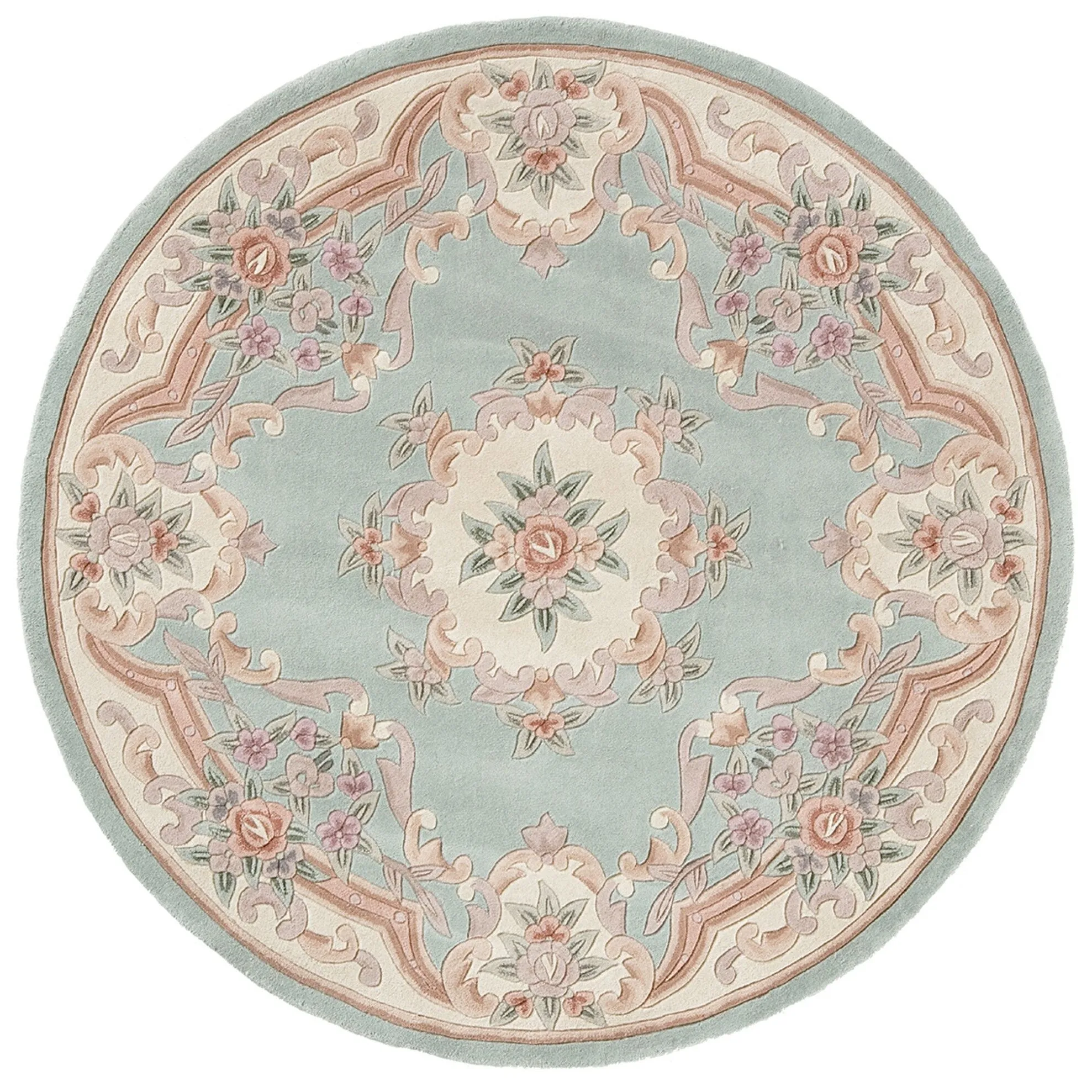 Aubusson Light Green Hand-Tufted Carved Wool Area Rug Round Runner