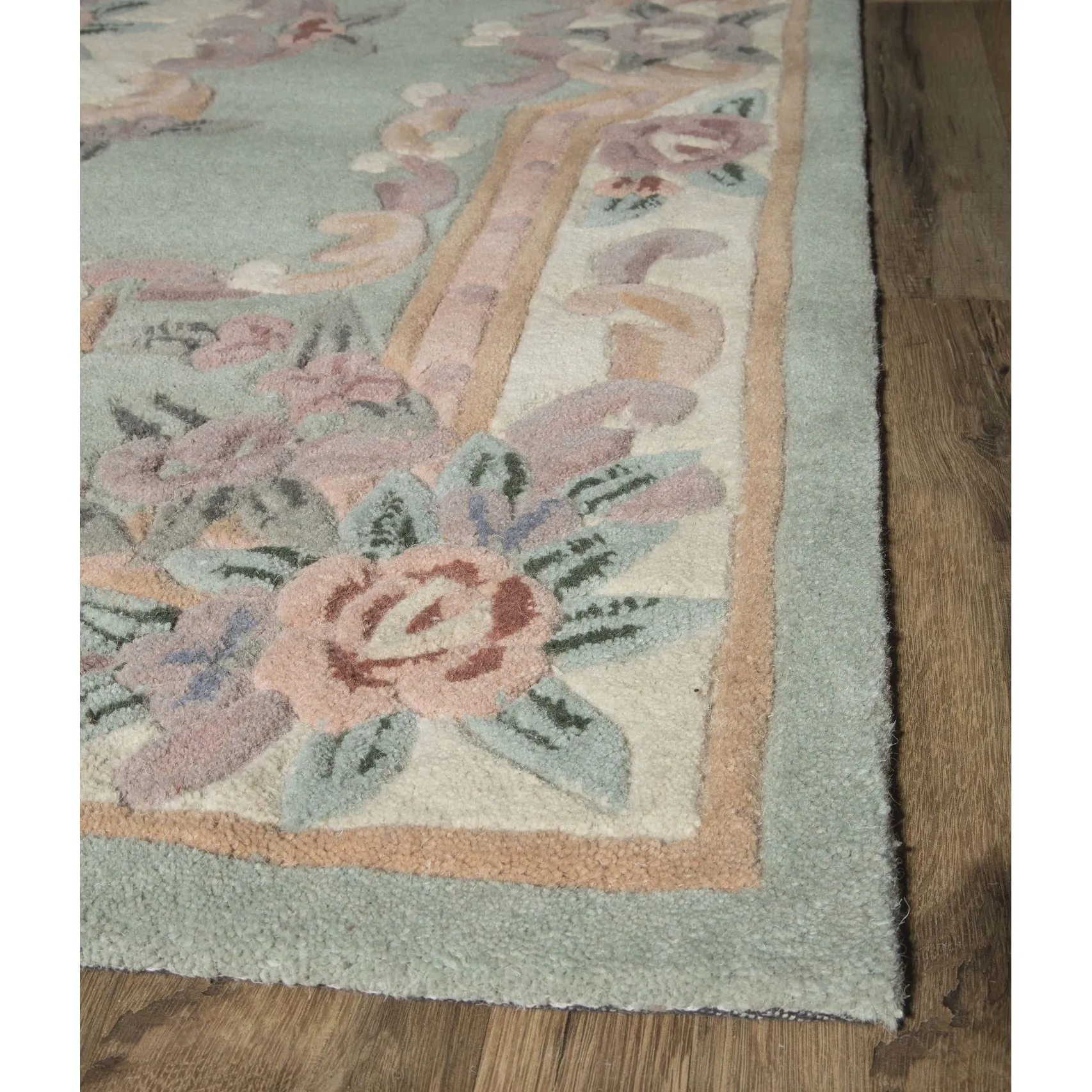 Aubusson Light Green Hand-Tufted Carved Wool Area Rug Round Runner