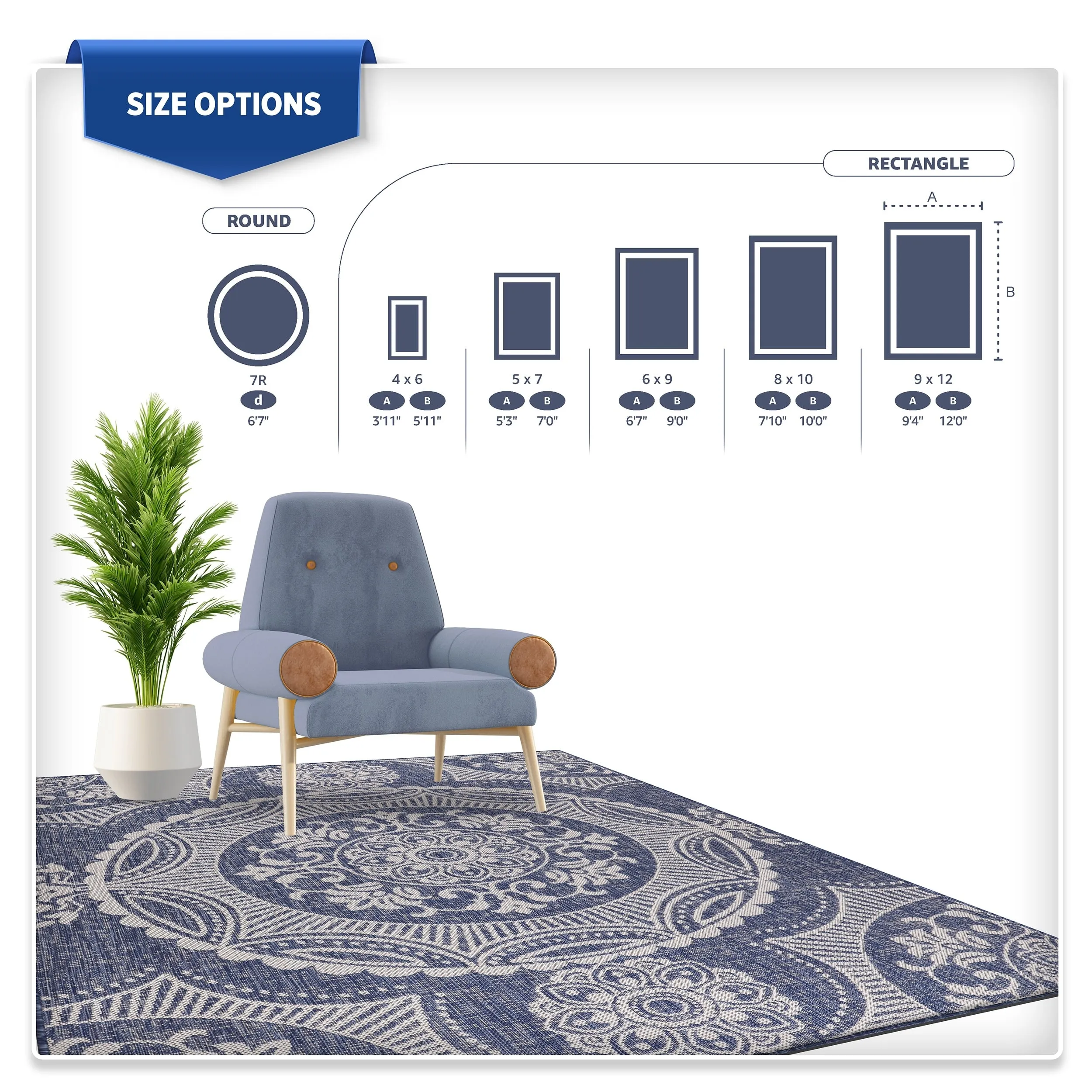 Beverly Rug Blue Medallion Indoor Outdoor Rug. Outside Carpet for Patio. Deck. Porch
