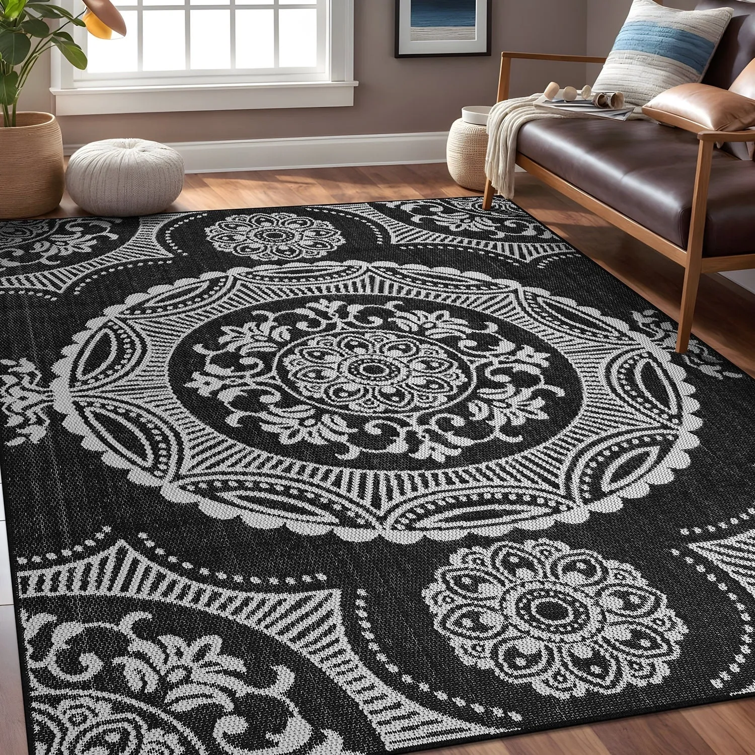 Beverly Rug Blue Medallion Indoor Outdoor Rug. Outside Carpet for Patio. Deck. Porch
