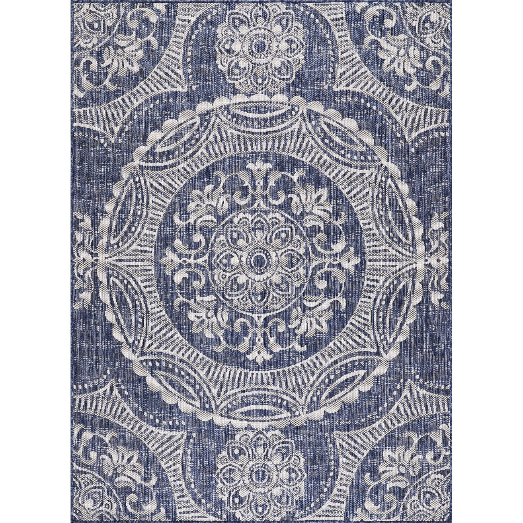 Beverly Rug Blue Medallion Indoor Outdoor Rug. Outside Carpet for Patio. Deck. Porch