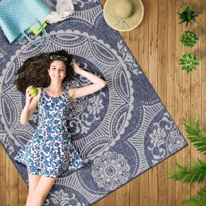 Beverly Rug Blue Medallion Indoor Outdoor Rug. Outside Carpet for Patio. Deck. Porch