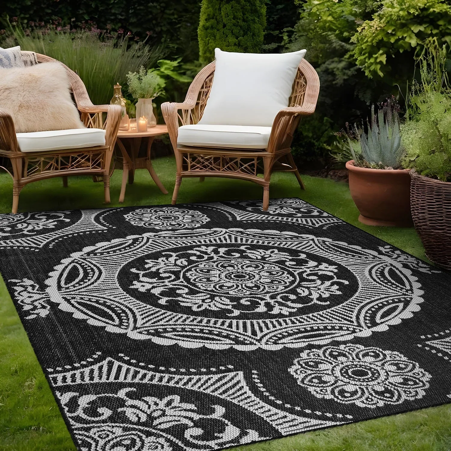 Beverly Rug Blue Medallion Indoor Outdoor Rug. Outside Carpet for Patio. Deck. Porch