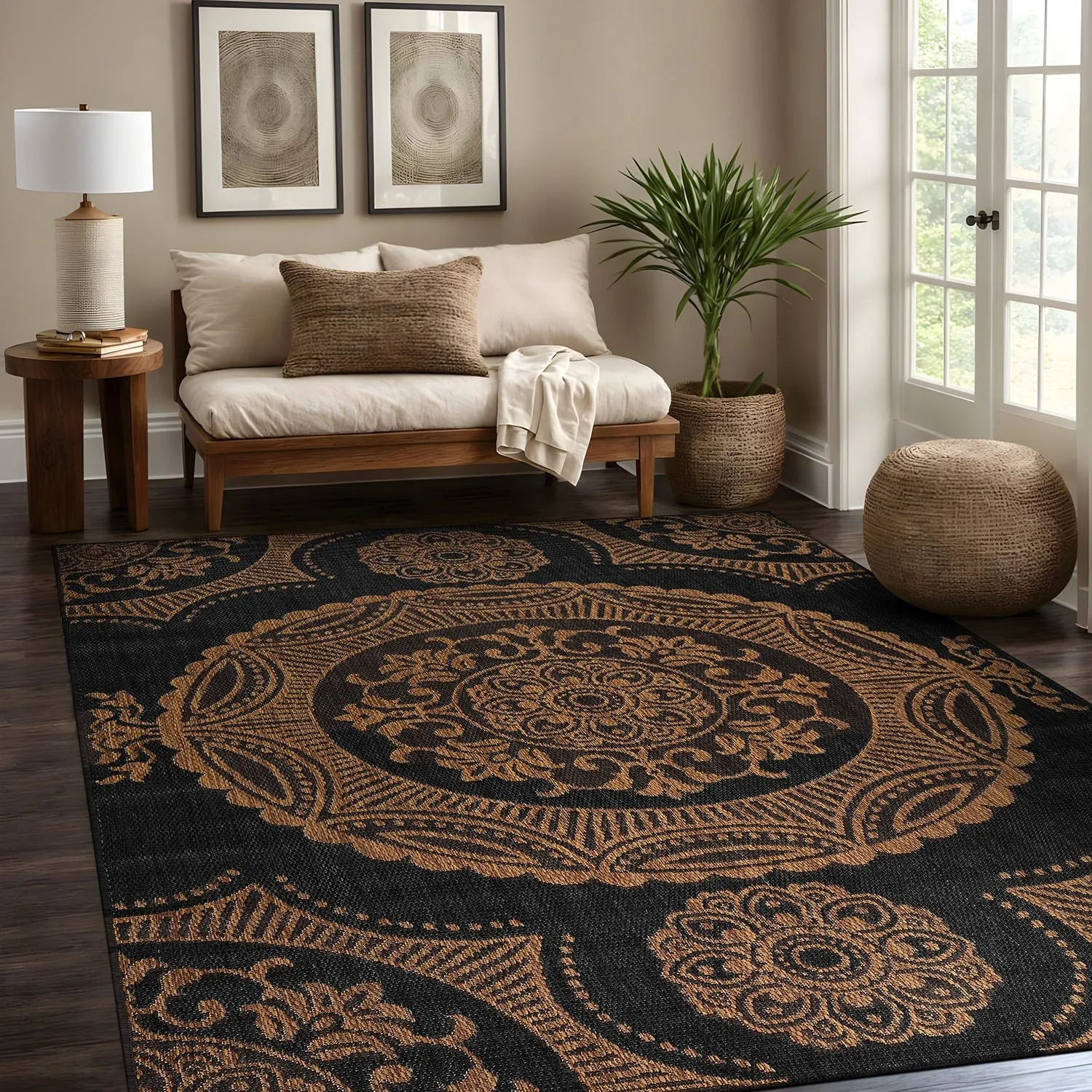 Beverly Rug Blue Medallion Indoor Outdoor Rug. Outside Carpet for Patio. Deck. Porch