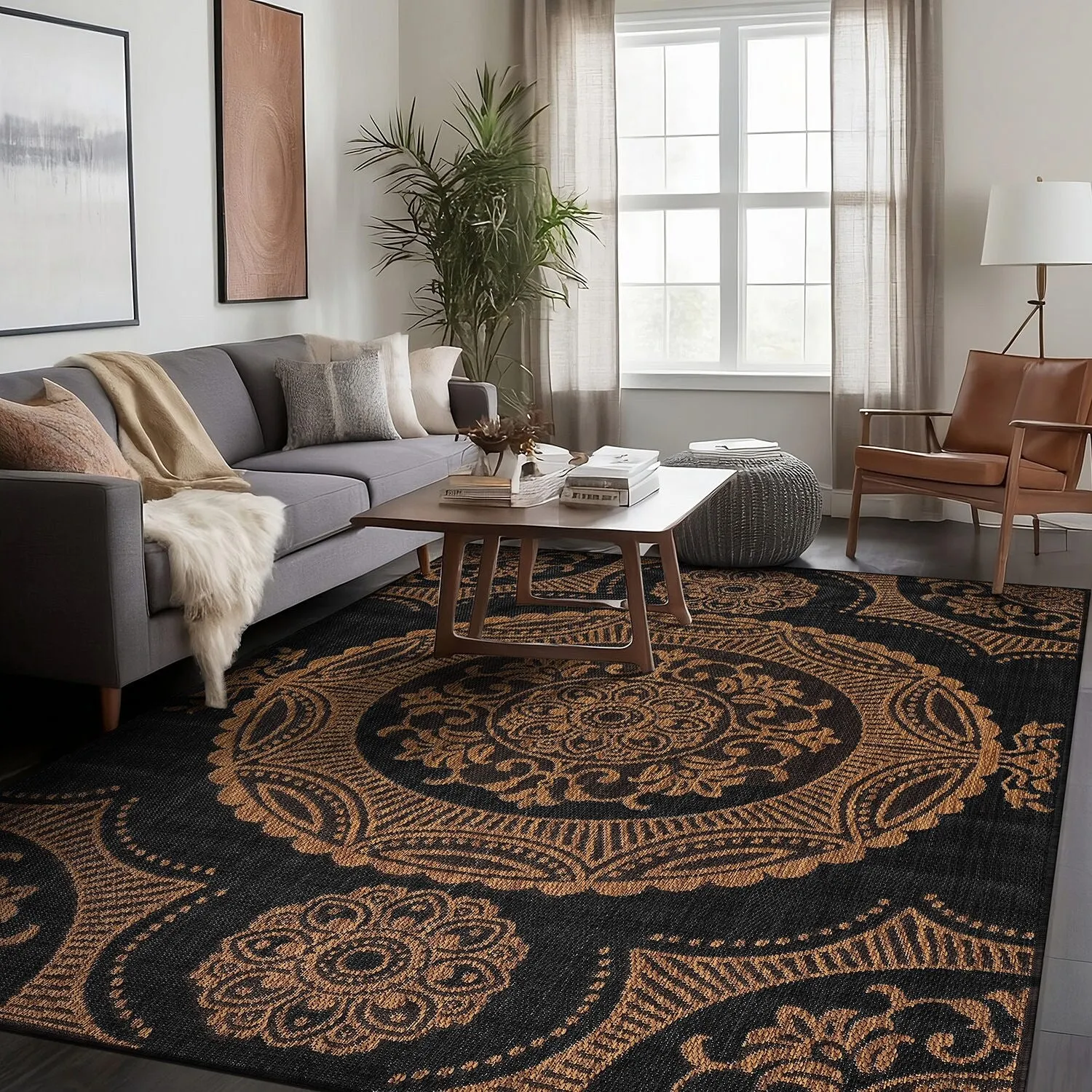 Beverly Rug Blue Medallion Indoor Outdoor Rug. Outside Carpet for Patio. Deck. Porch