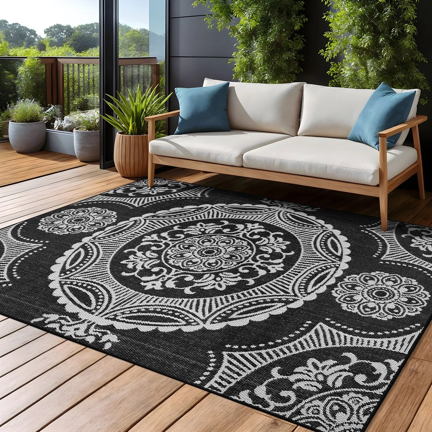 Beverly Rug Blue Medallion Indoor Outdoor Rug. Outside Carpet for Patio. Deck. Porch