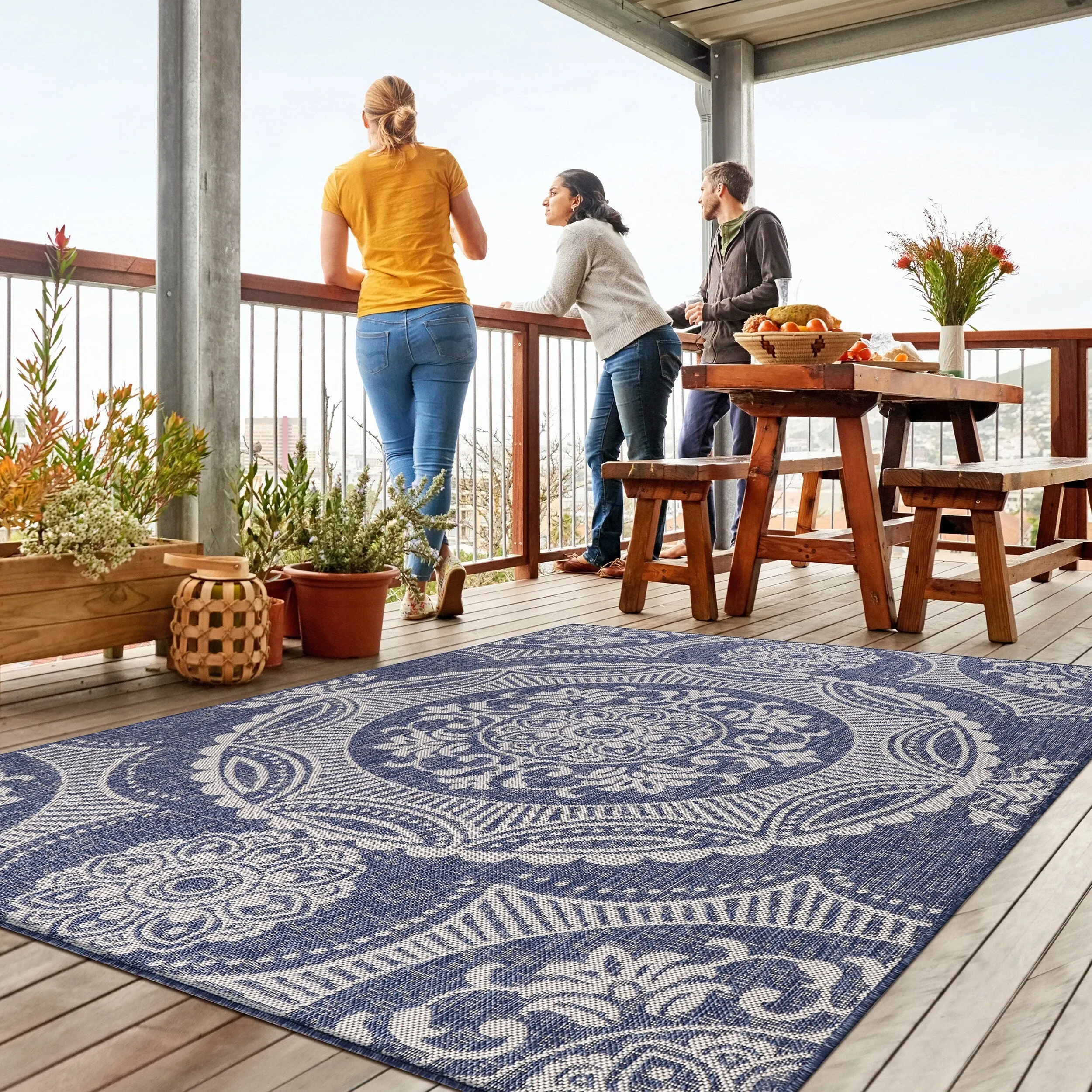 Beverly Rug Blue Medallion Indoor Outdoor Rug. Outside Carpet for Patio. Deck. Porch