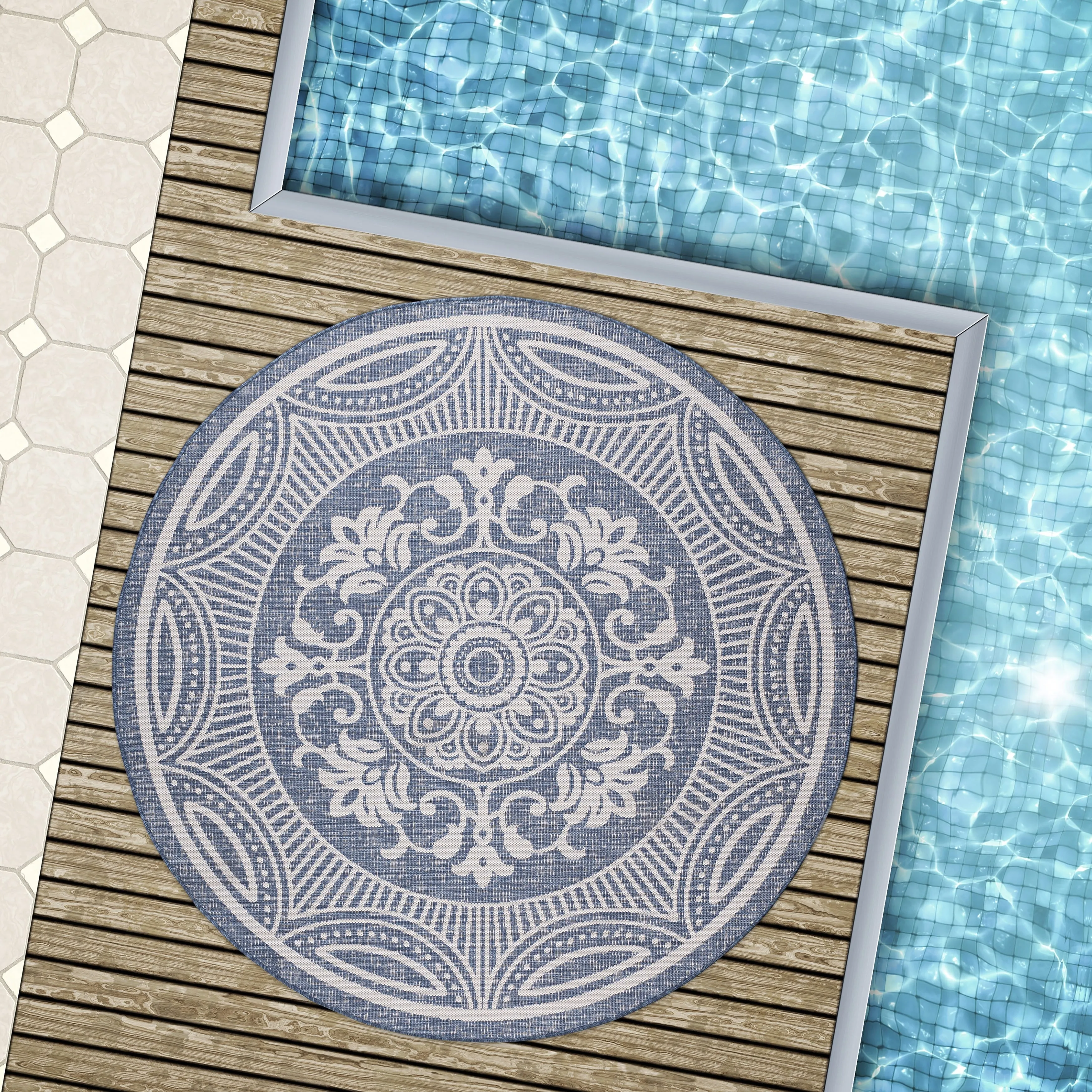 Beverly Rug Blue Medallion Indoor Outdoor Rug. Outside Carpet for Patio. Deck. Porch