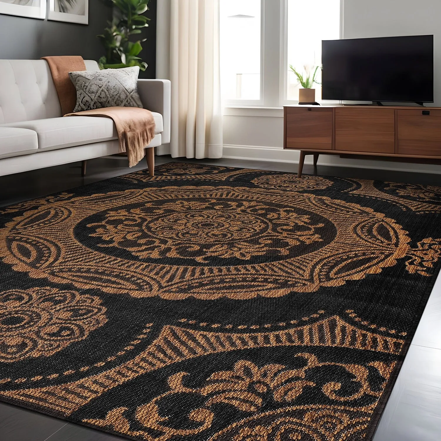Beverly Rug Blue Medallion Indoor Outdoor Rug. Outside Carpet for Patio. Deck. Porch