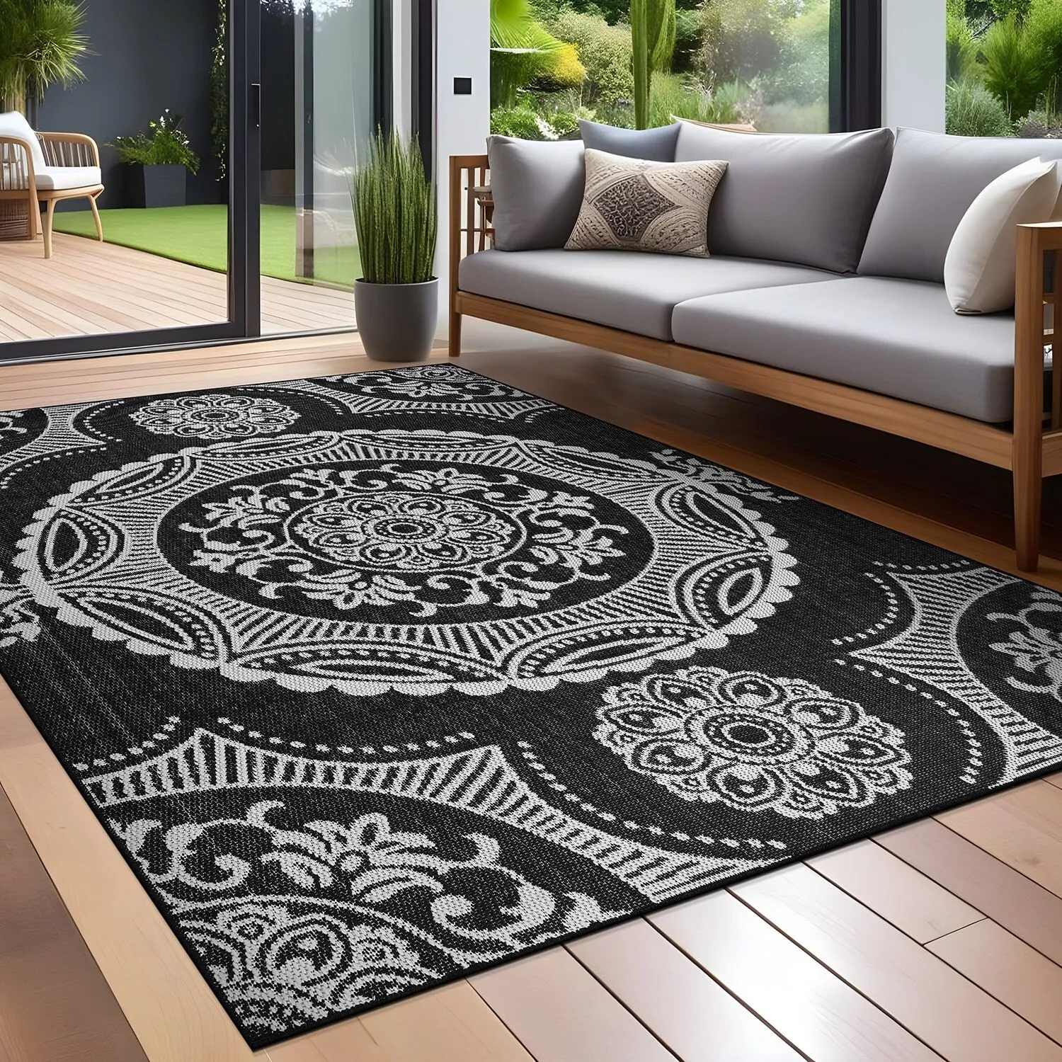 Beverly Rug Blue Medallion Indoor Outdoor Rug. Outside Carpet for Patio. Deck. Porch
