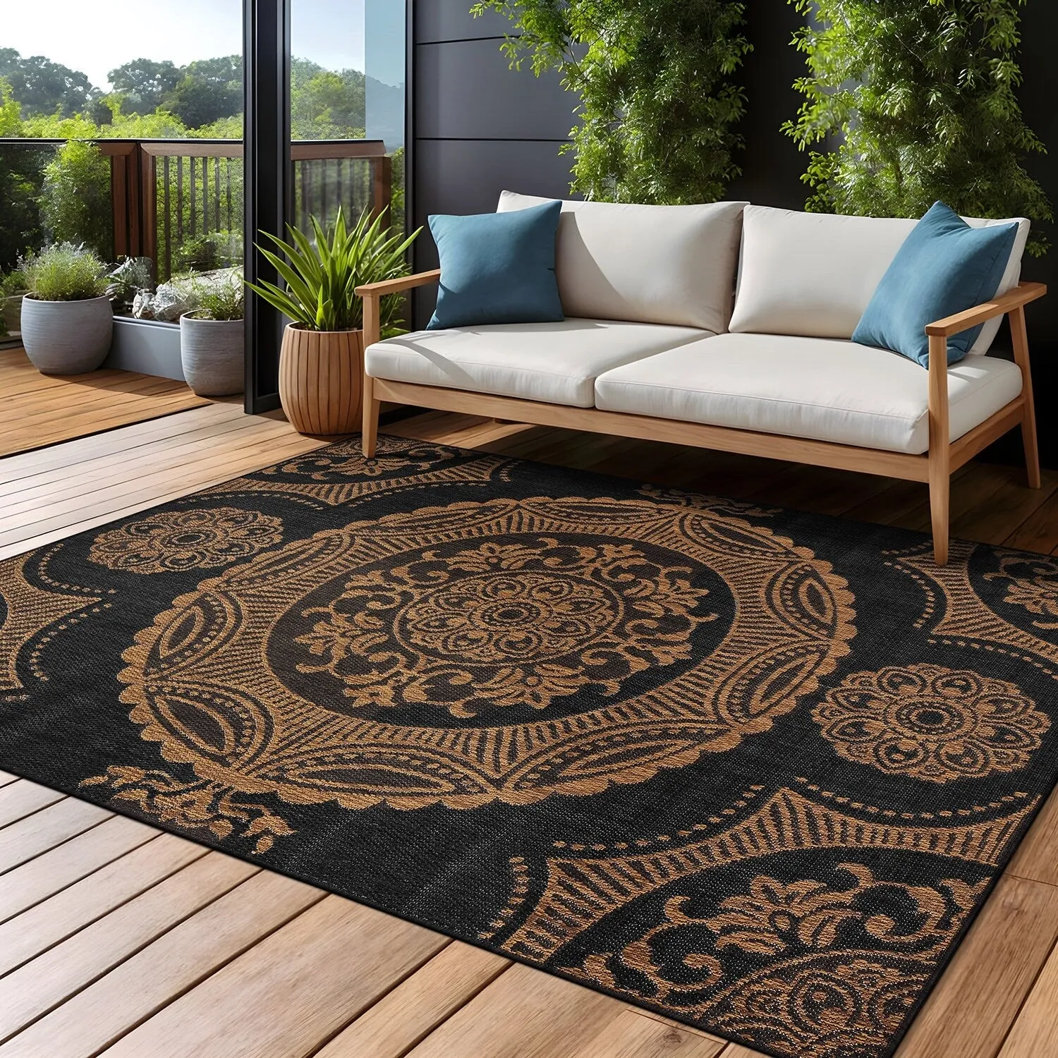 Beverly Rug Blue Medallion Indoor Outdoor Rug. Outside Carpet for Patio. Deck. Porch