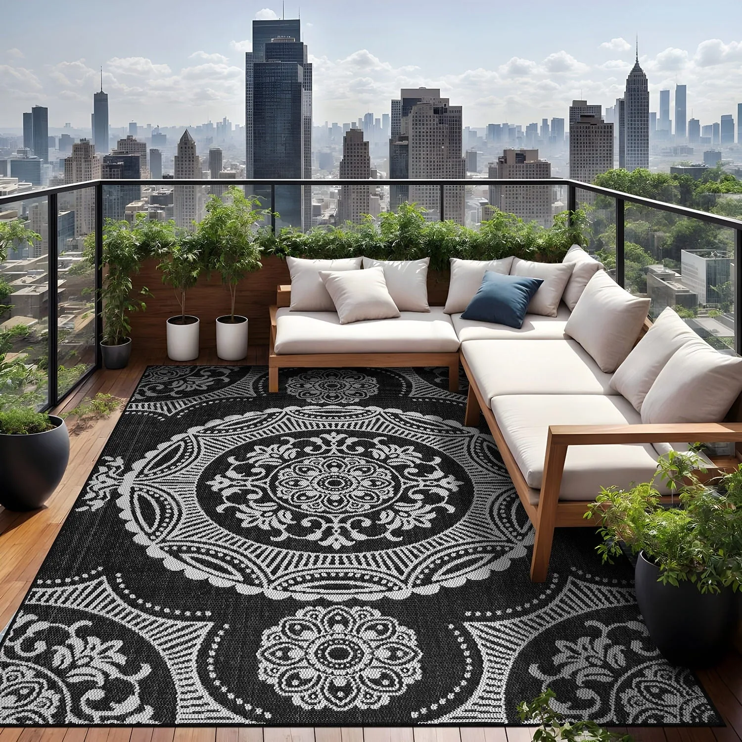 Beverly Rug Blue Medallion Indoor Outdoor Rug. Outside Carpet for Patio. Deck. Porch