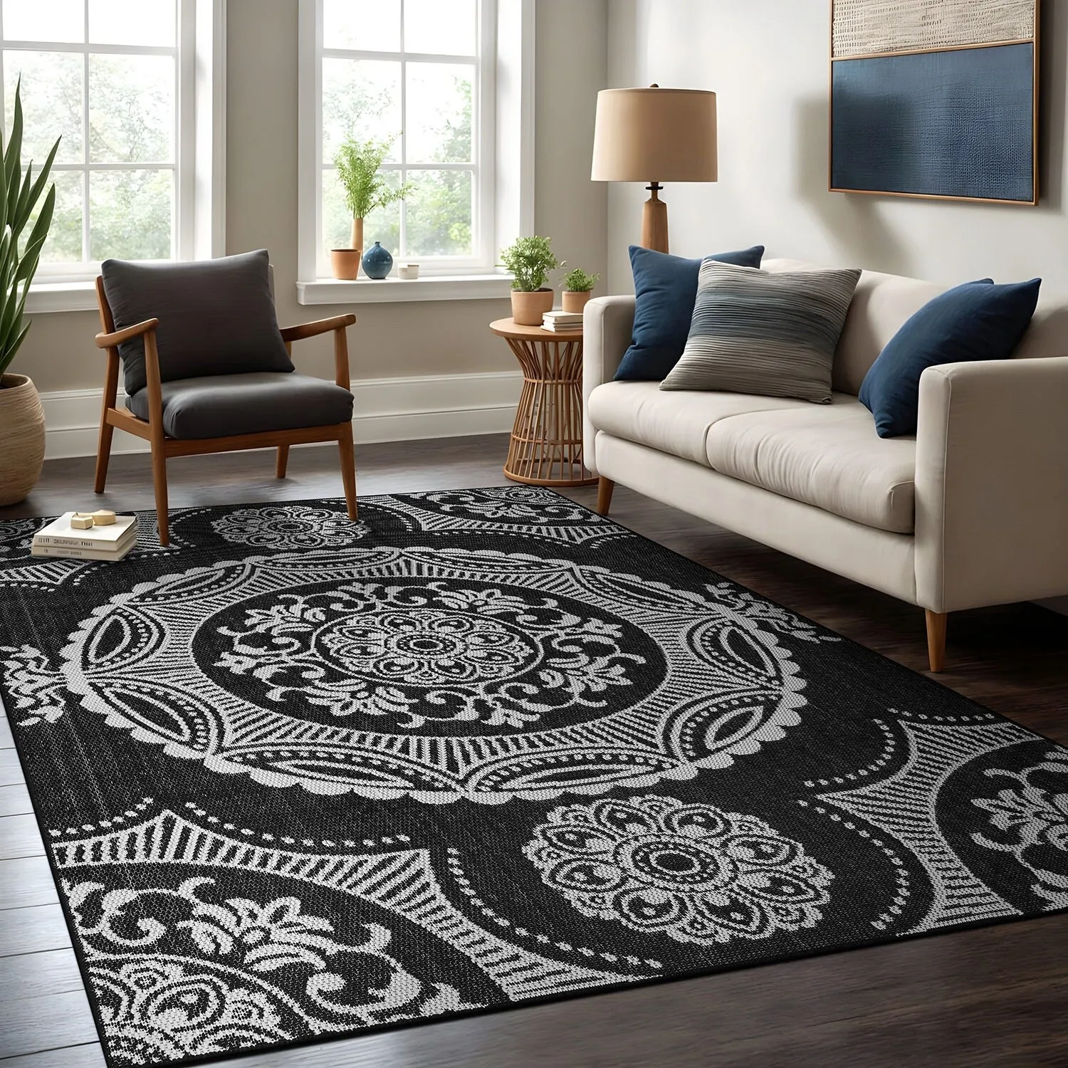 Beverly Rug Blue Medallion Indoor Outdoor Rug. Outside Carpet for Patio. Deck. Porch