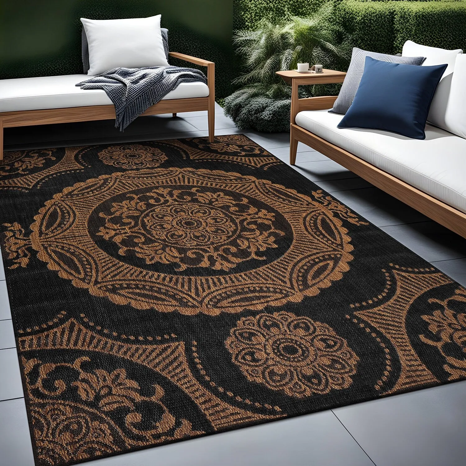 Beverly Rug Blue Medallion Indoor Outdoor Rug. Outside Carpet for Patio. Deck. Porch