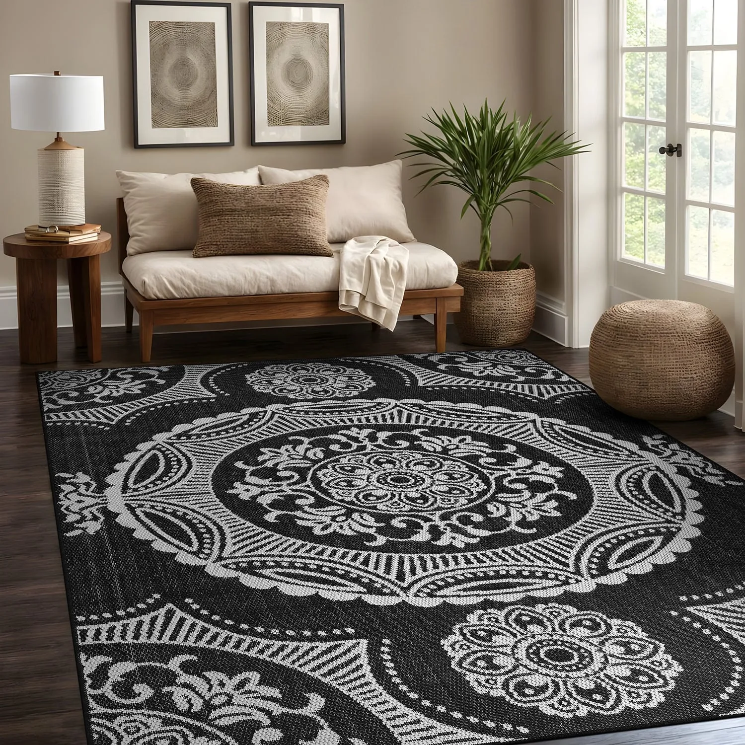 Beverly Rug Blue Medallion Indoor Outdoor Rug. Outside Carpet for Patio. Deck. Porch