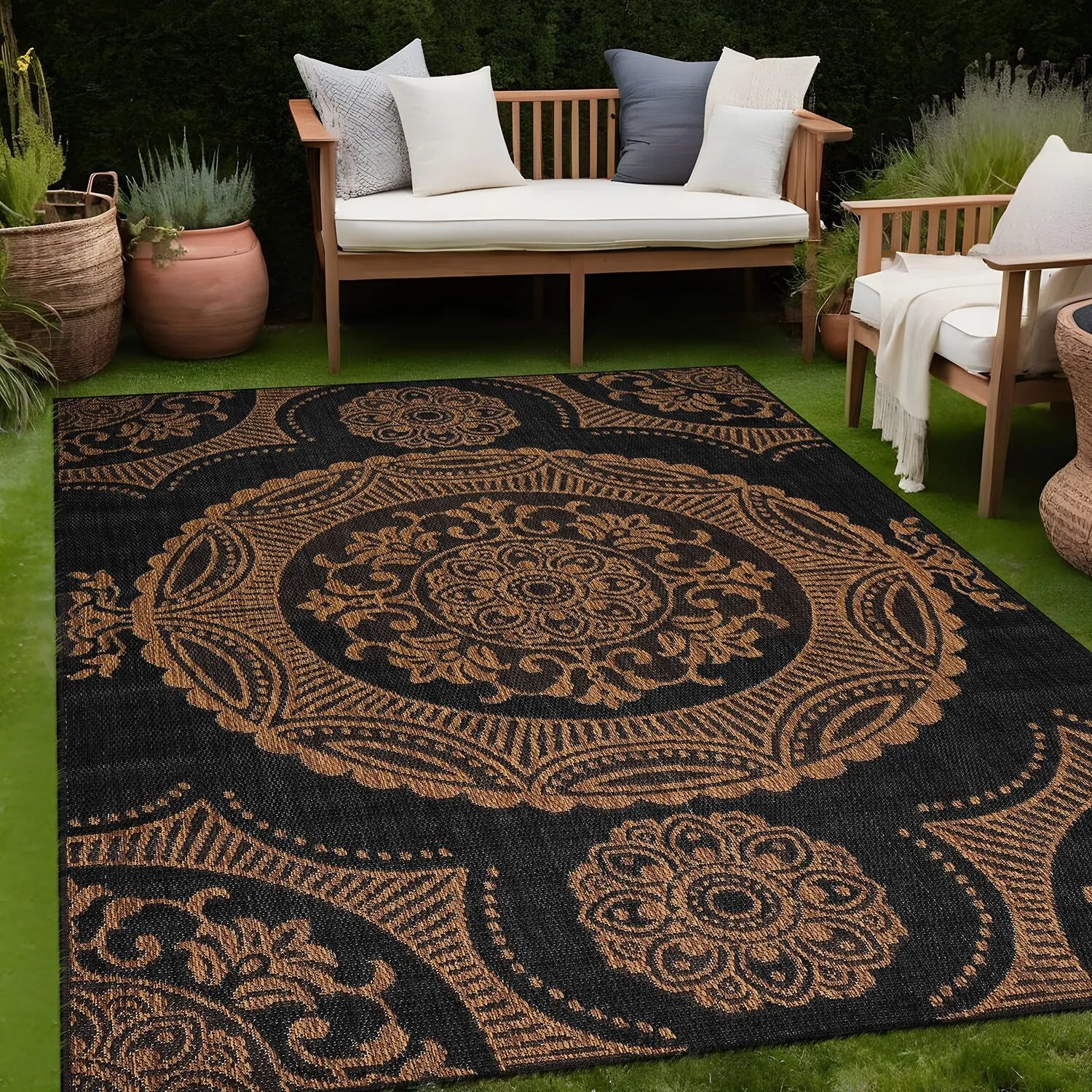 Beverly Rug Blue Medallion Indoor Outdoor Rug. Outside Carpet for Patio. Deck. Porch