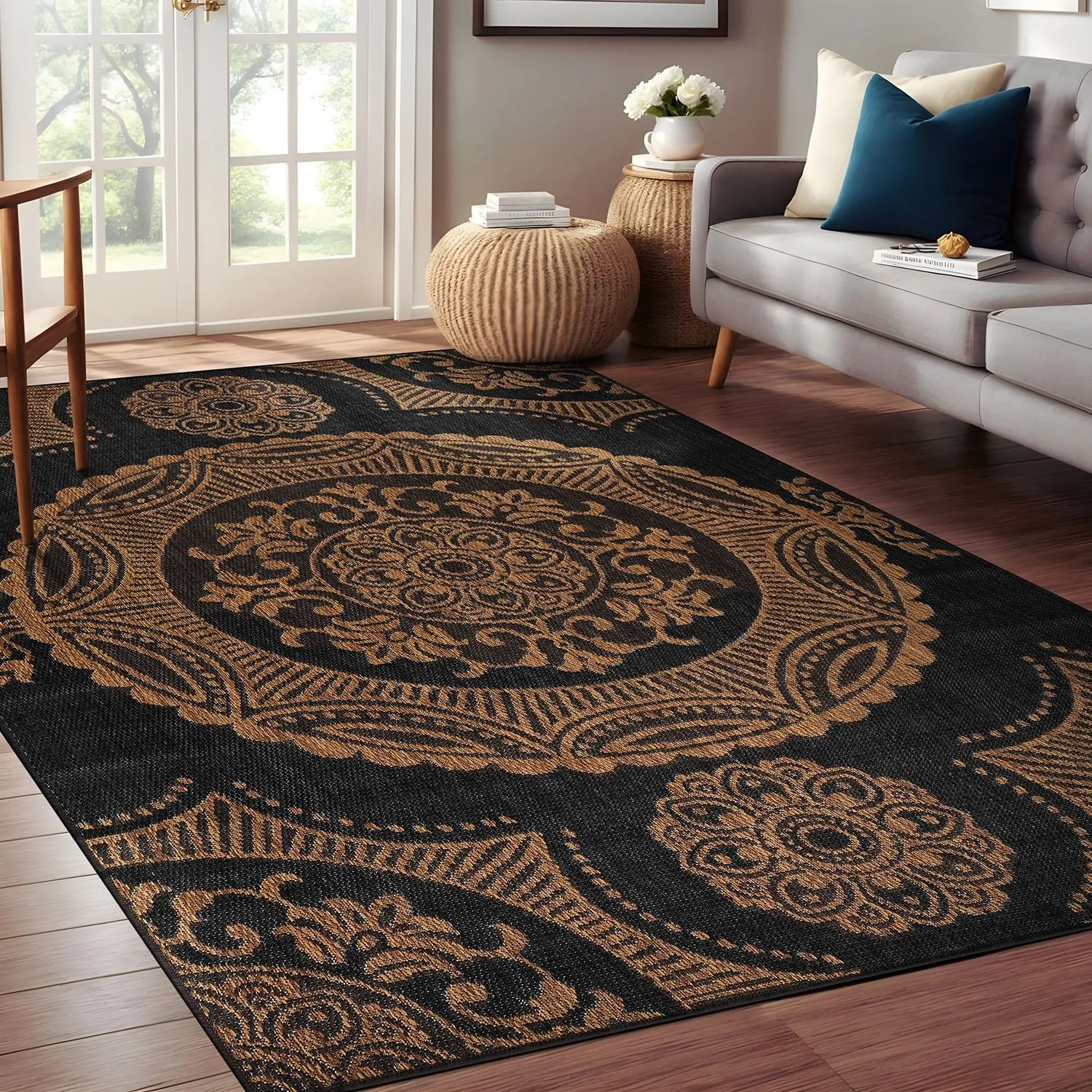 Beverly Rug Blue Medallion Indoor Outdoor Rug. Outside Carpet for Patio. Deck. Porch