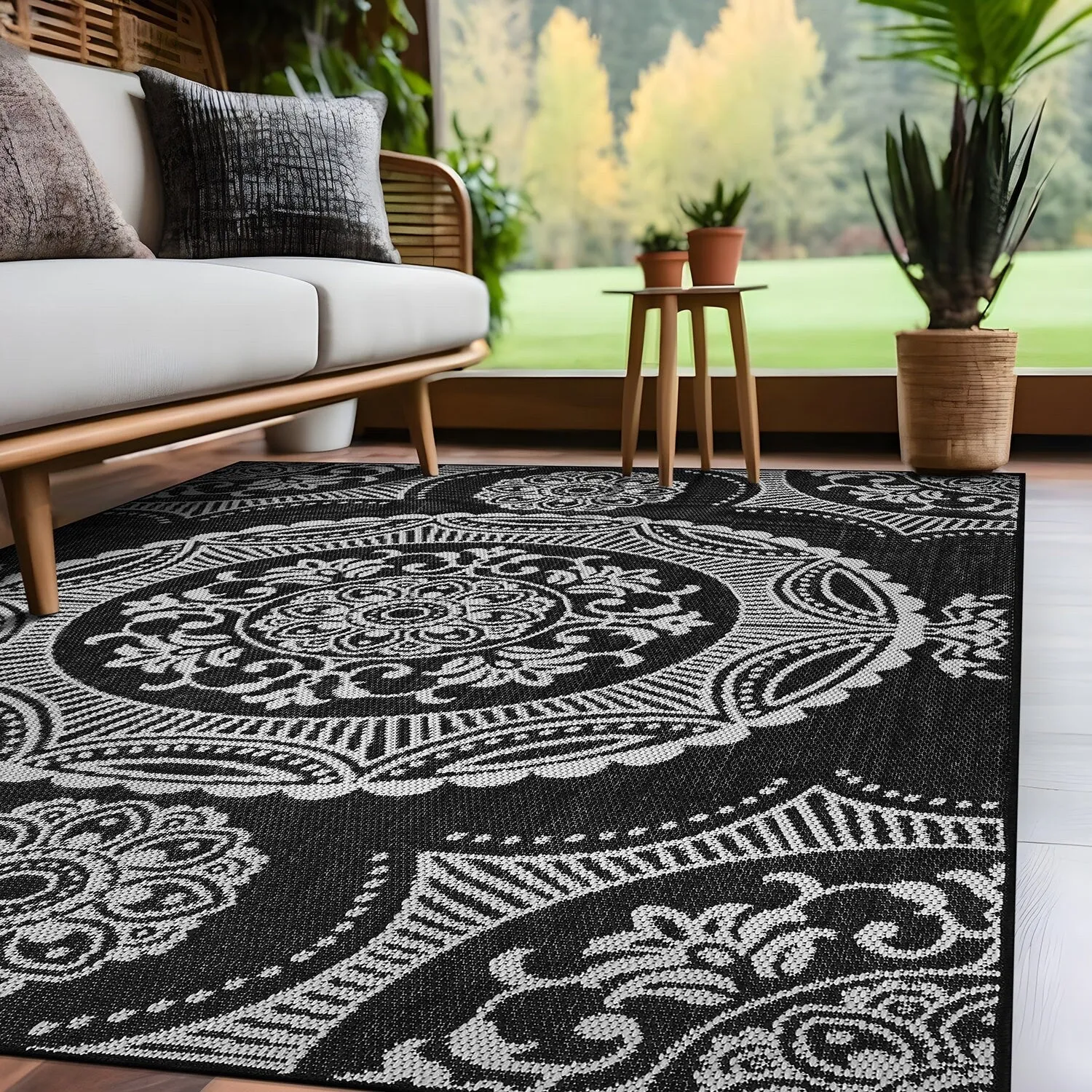 Beverly Rug Blue Medallion Indoor Outdoor Rug. Outside Carpet for Patio. Deck. Porch