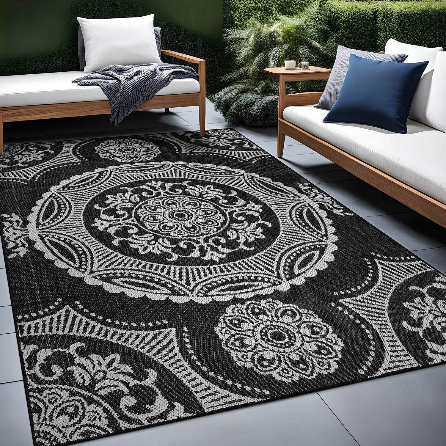 Beverly Rug Blue Medallion Indoor Outdoor Rug. Outside Carpet for Patio. Deck. Porch