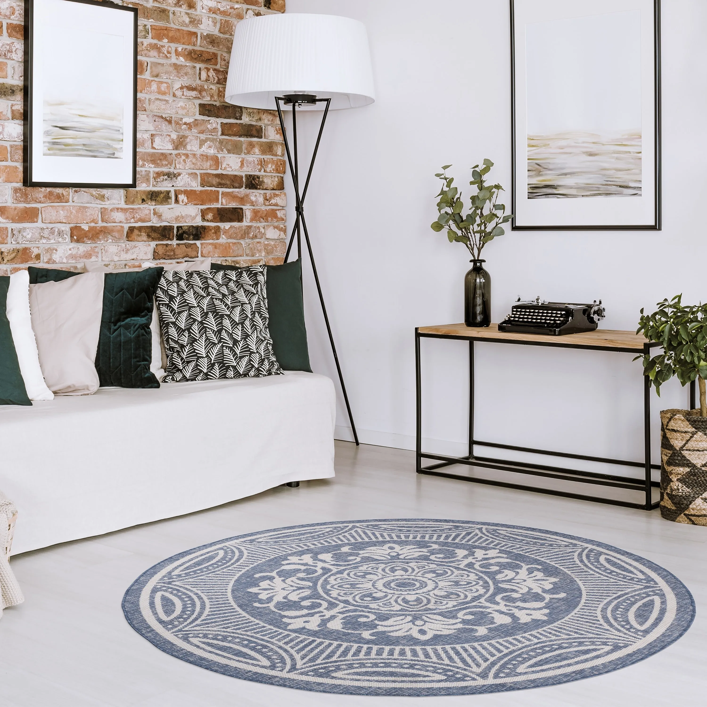 Beverly Rug Blue Medallion Indoor Outdoor Rug. Outside Carpet for Patio. Deck. Porch