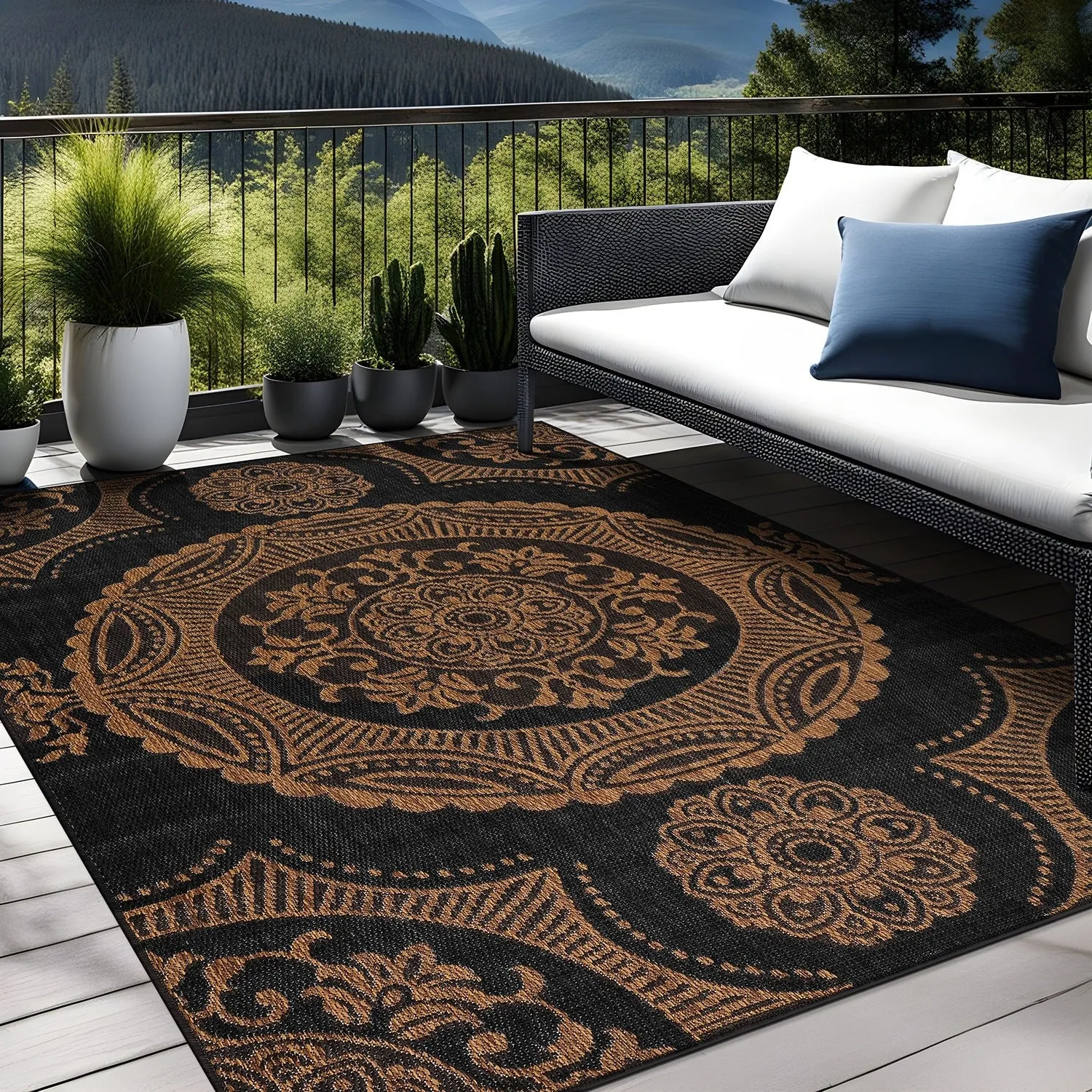 Beverly Rug Blue Medallion Indoor Outdoor Rug. Outside Carpet for Patio. Deck. Porch