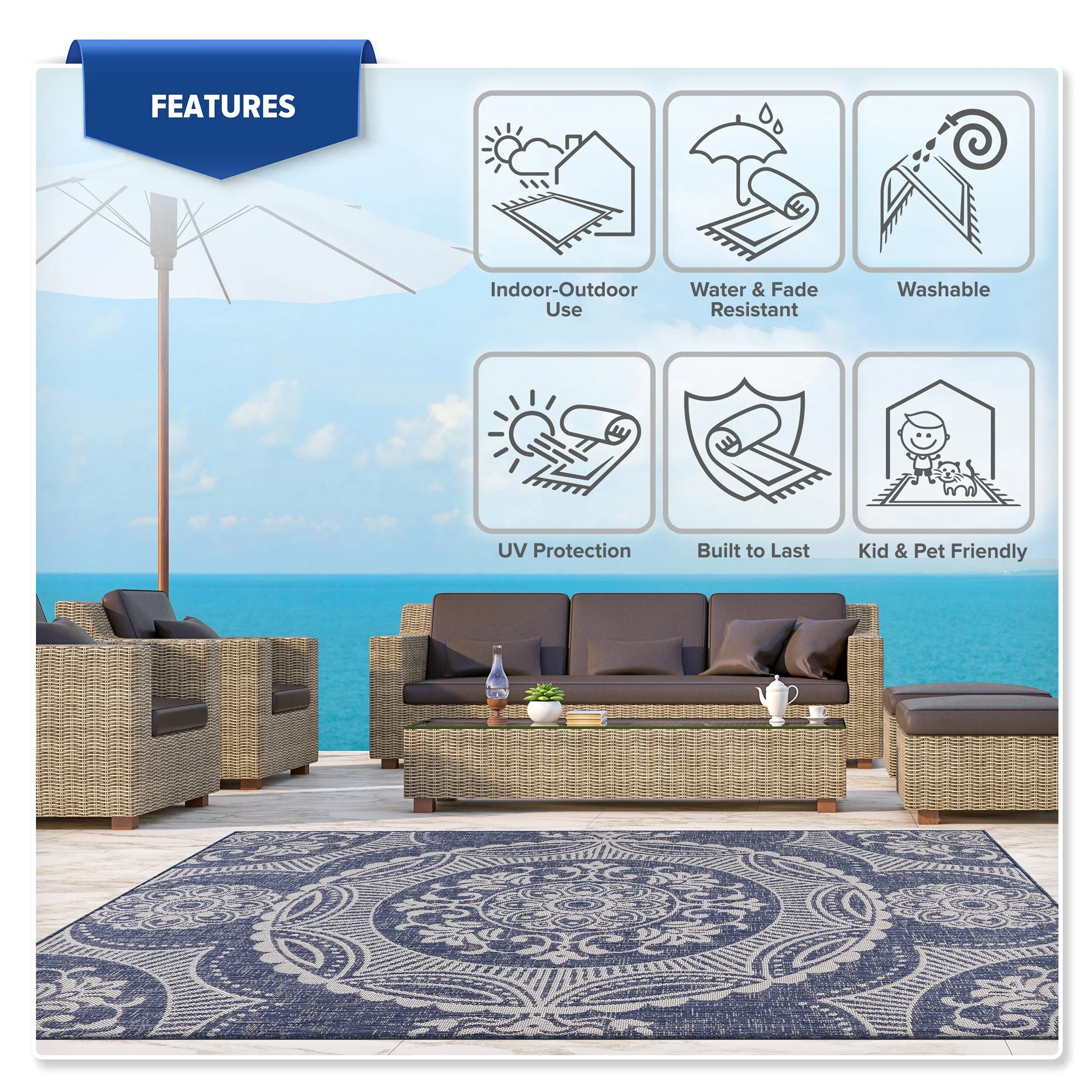 Beverly Rug Blue Medallion Indoor Outdoor Rug. Outside Carpet for Patio. Deck. Porch