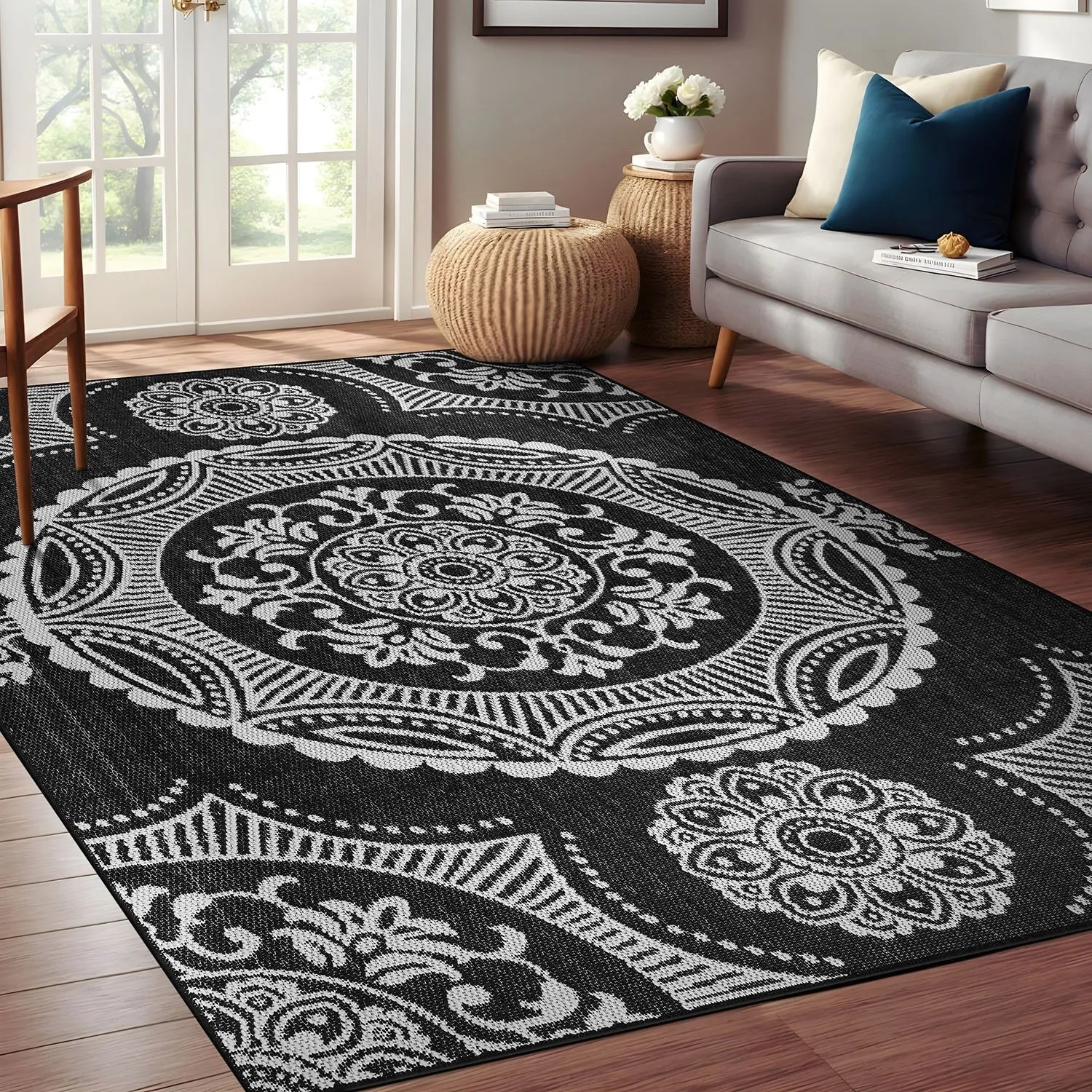 Beverly Rug Blue Medallion Indoor Outdoor Rug. Outside Carpet for Patio. Deck. Porch