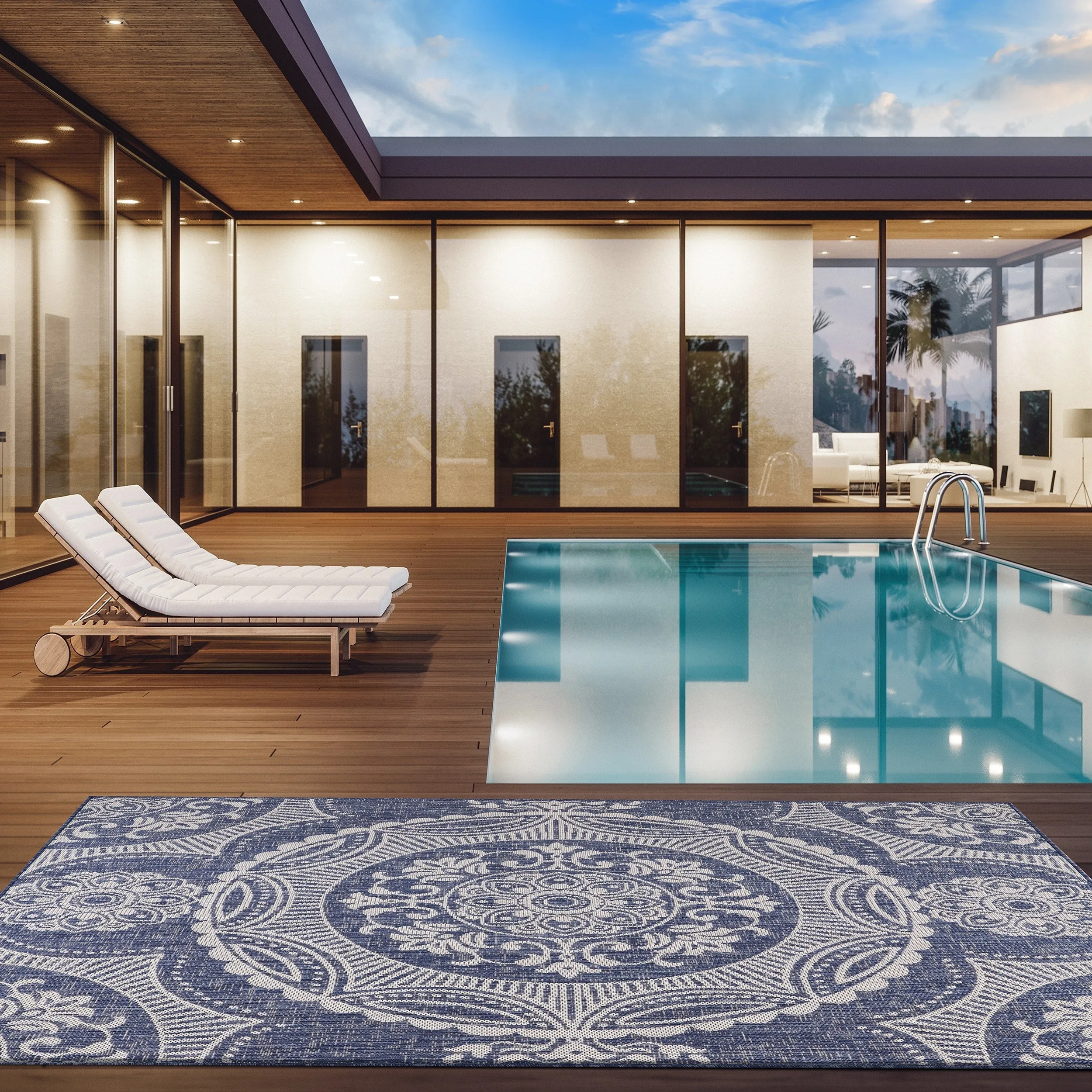 Beverly Rug Blue Medallion Indoor Outdoor Rug. Outside Carpet for Patio. Deck. Porch