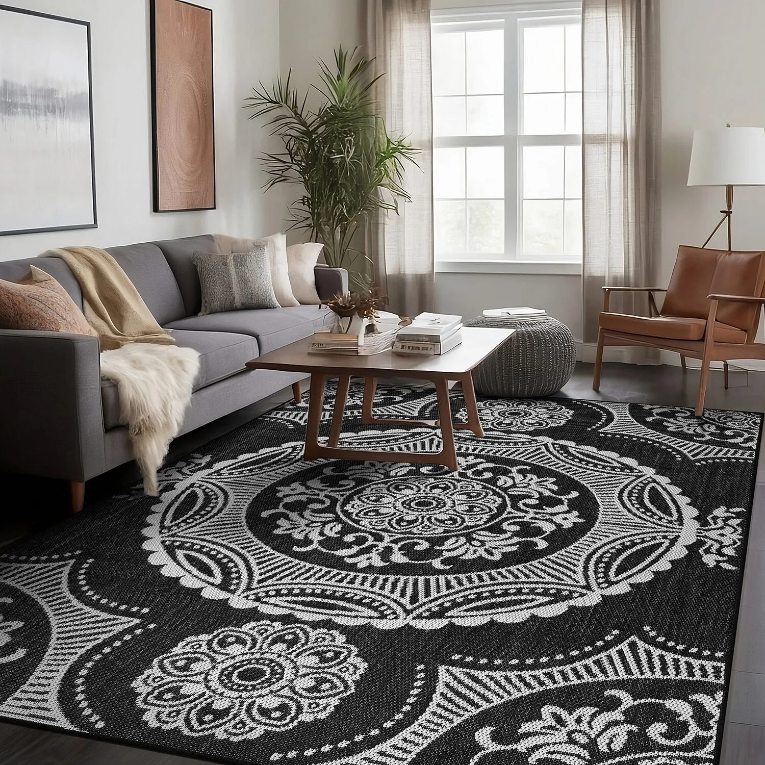 Beverly Rug Blue Medallion Indoor Outdoor Rug. Outside Carpet for Patio. Deck. Porch
