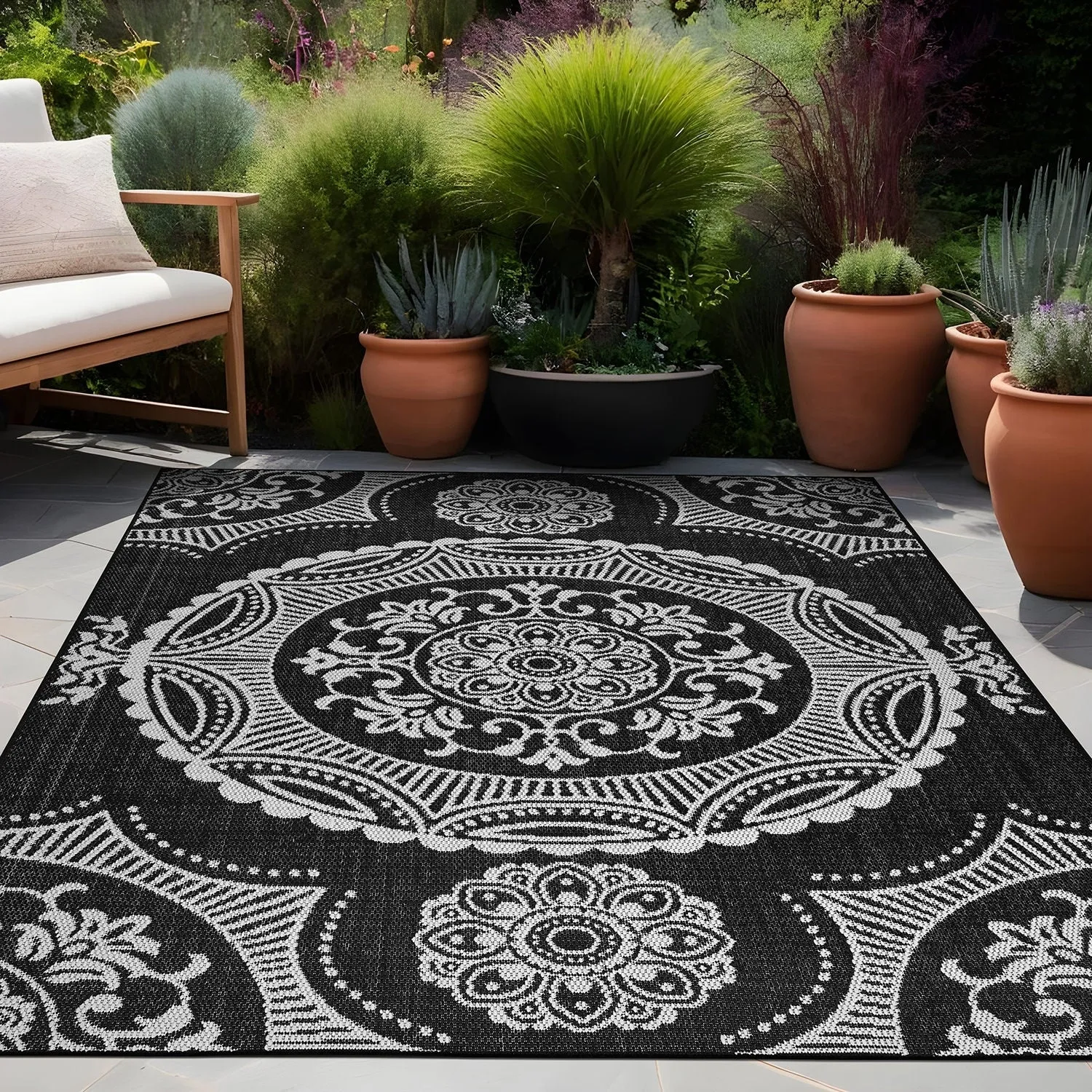 Beverly Rug Blue Medallion Indoor Outdoor Rug. Outside Carpet for Patio. Deck. Porch