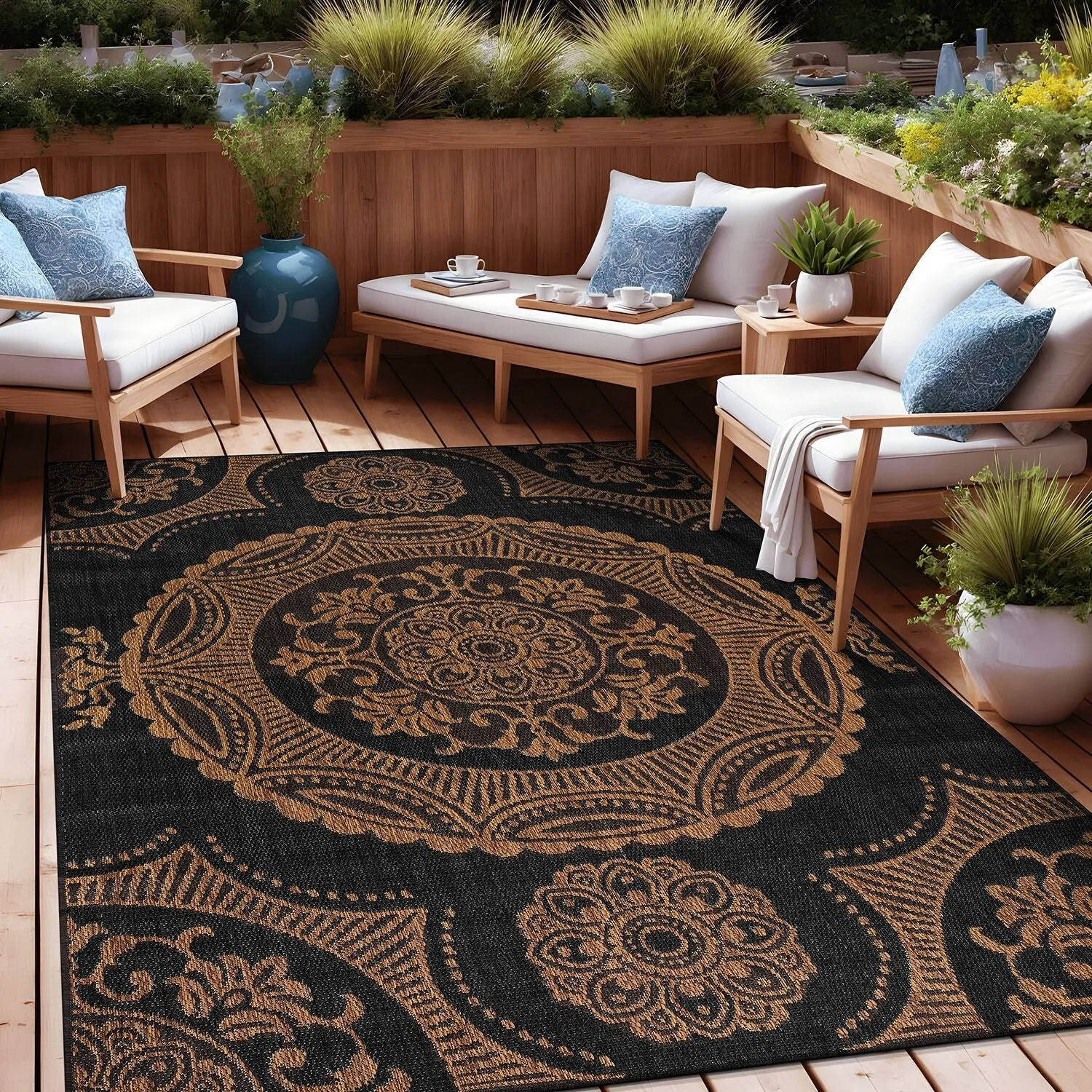 Beverly Rug Blue Medallion Indoor Outdoor Rug. Outside Carpet for Patio. Deck. Porch