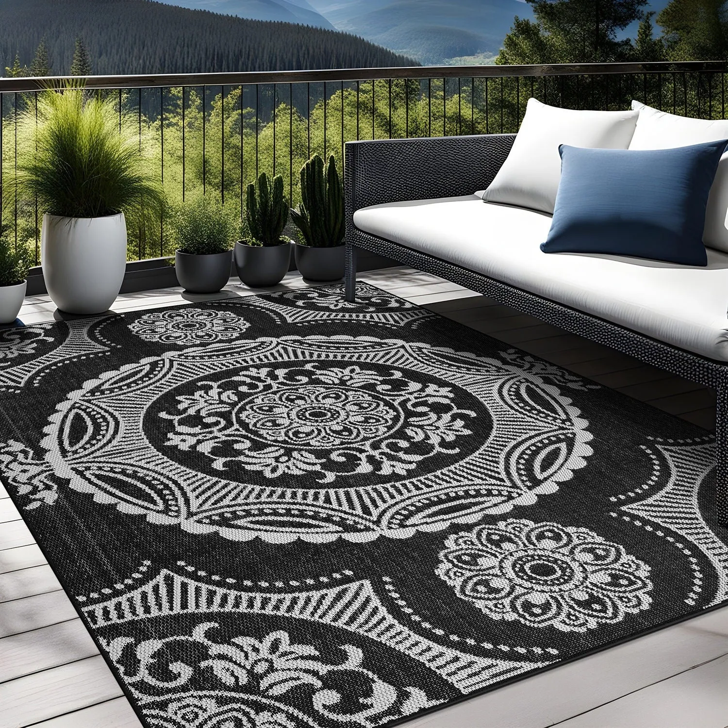 Beverly Rug Blue Medallion Indoor Outdoor Rug. Outside Carpet for Patio. Deck. Porch