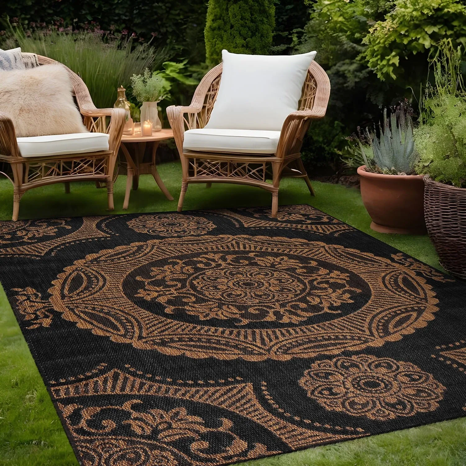 Beverly Rug Blue Medallion Indoor Outdoor Rug. Outside Carpet for Patio. Deck. Porch