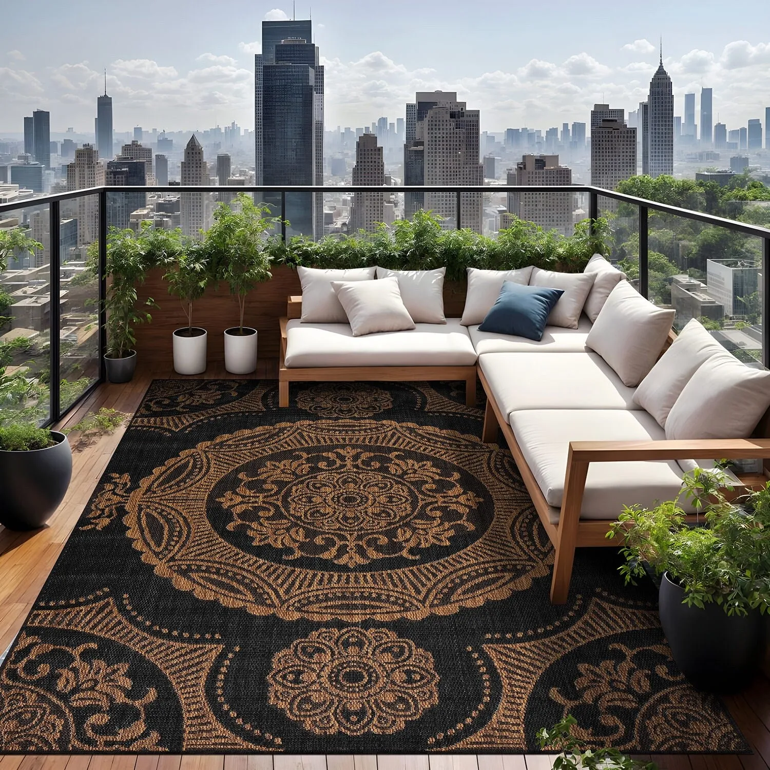 Beverly Rug Blue Medallion Indoor Outdoor Rug. Outside Carpet for Patio. Deck. Porch