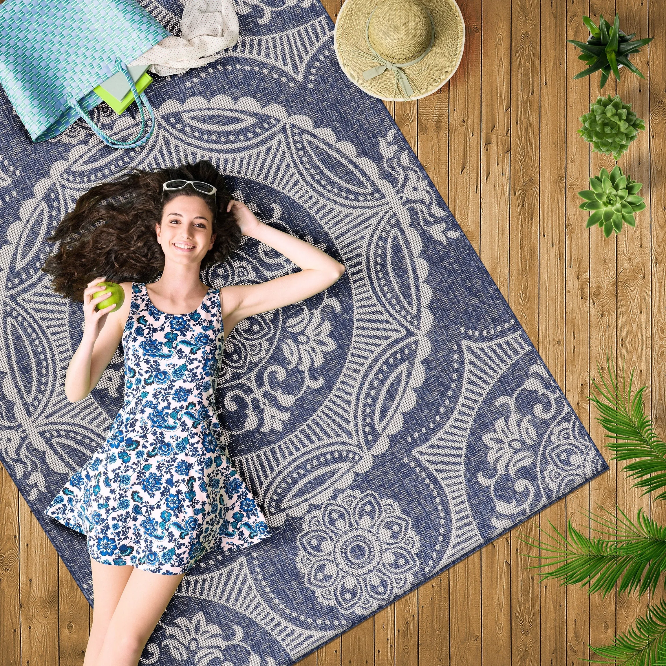 Beverly Rug Blue Medallion Indoor Outdoor Rug. Outside Carpet for Patio. Deck. Porch