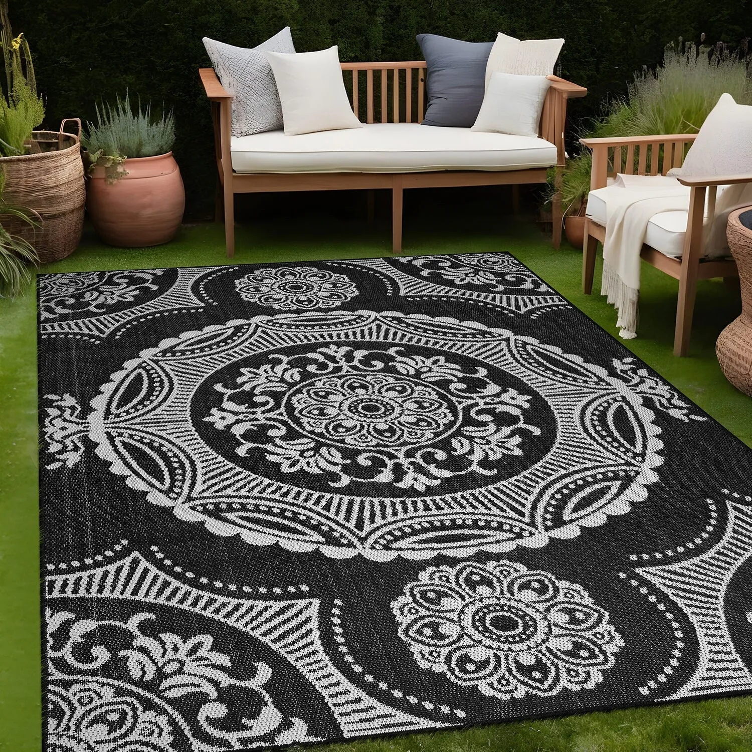 Beverly Rug Blue Medallion Indoor Outdoor Rug. Outside Carpet for Patio. Deck. Porch
