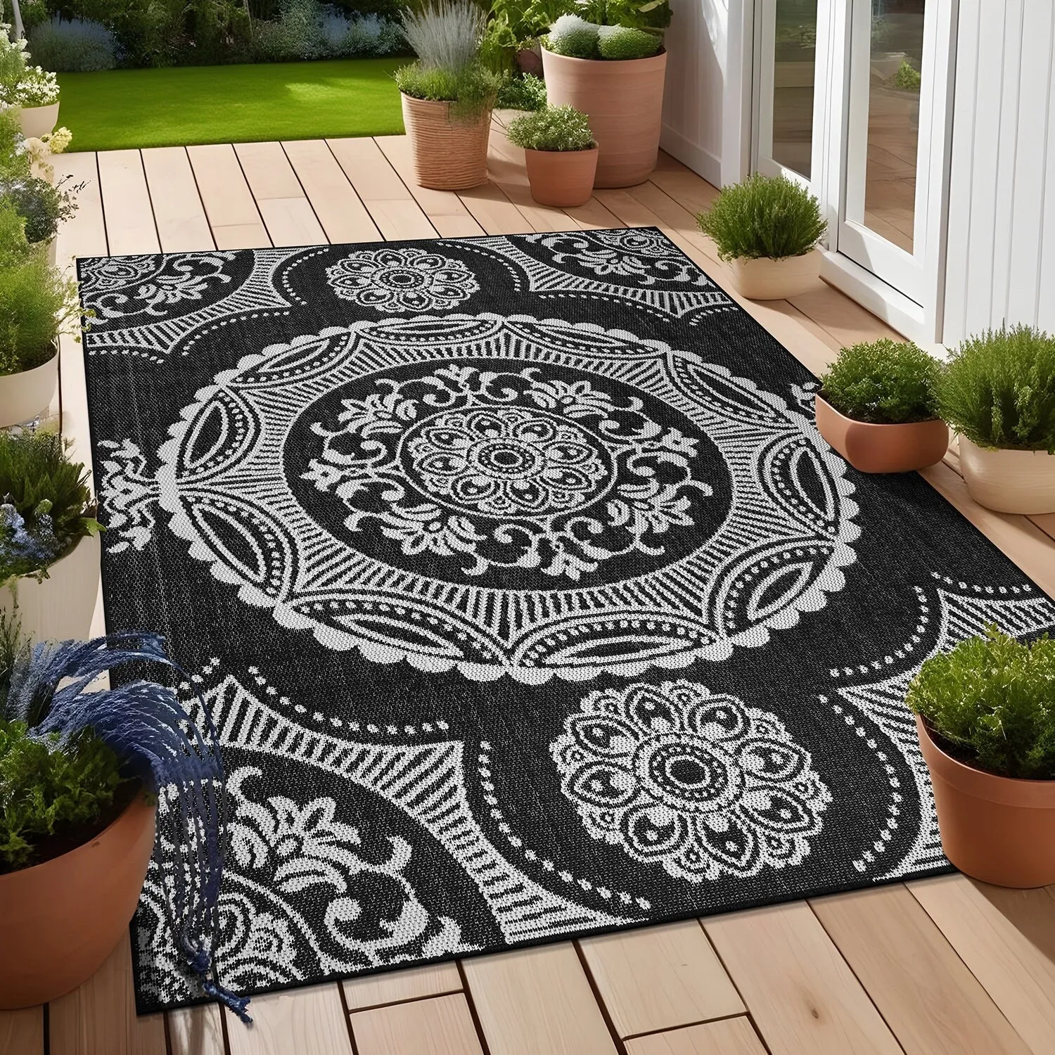 Beverly Rug Blue Medallion Indoor Outdoor Rug. Outside Carpet for Patio. Deck. Porch