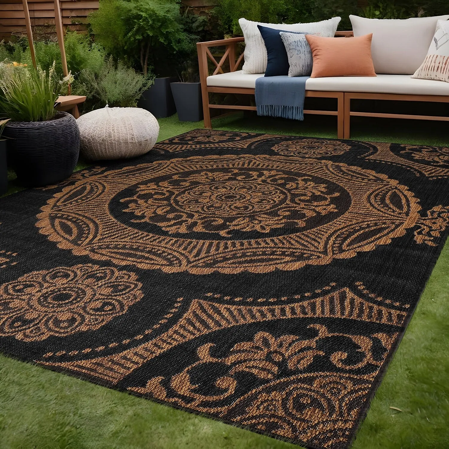 Beverly Rug Blue Medallion Indoor Outdoor Rug. Outside Carpet for Patio. Deck. Porch