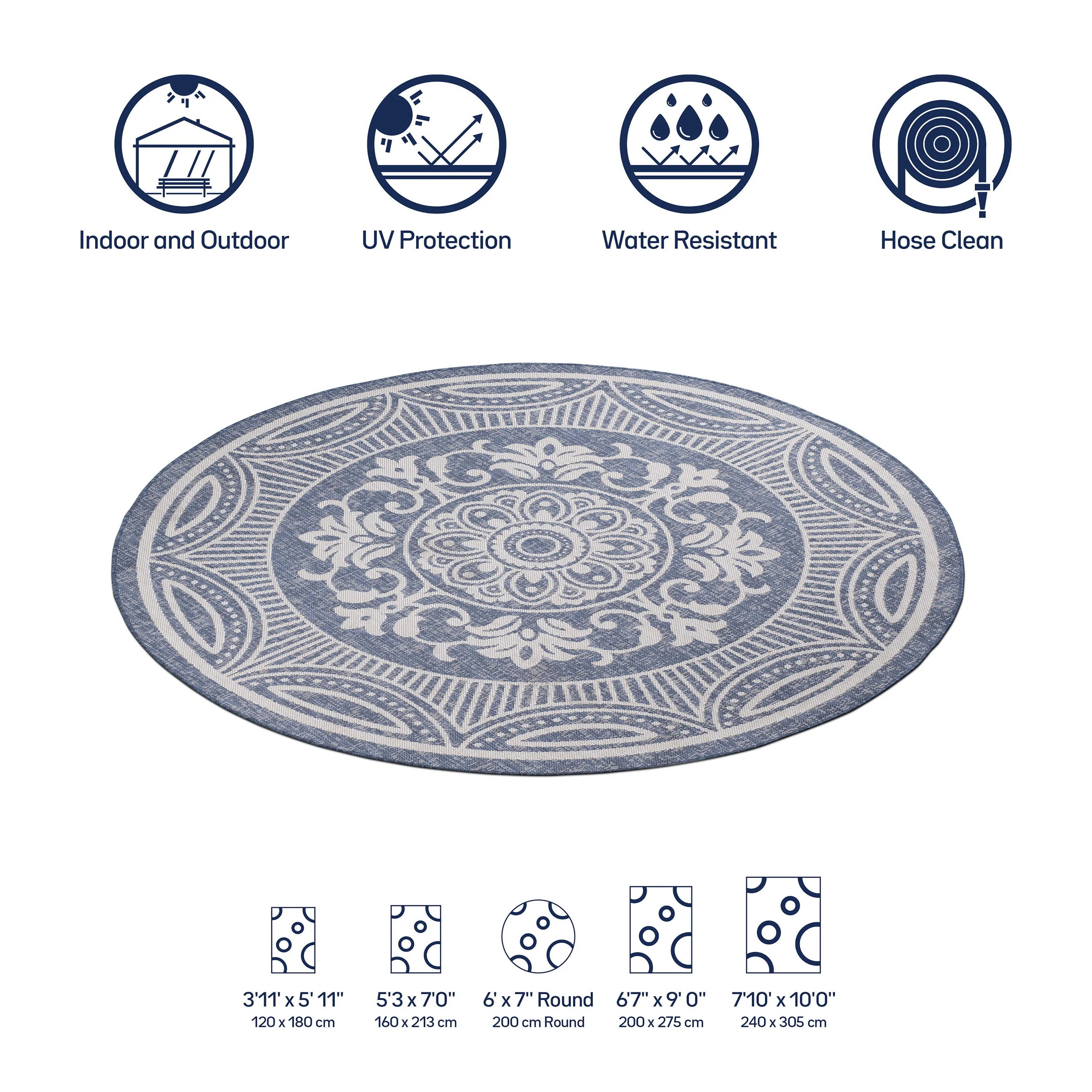 Beverly Rug Blue Medallion Indoor Outdoor Rug. Outside Carpet for Patio. Deck. Porch