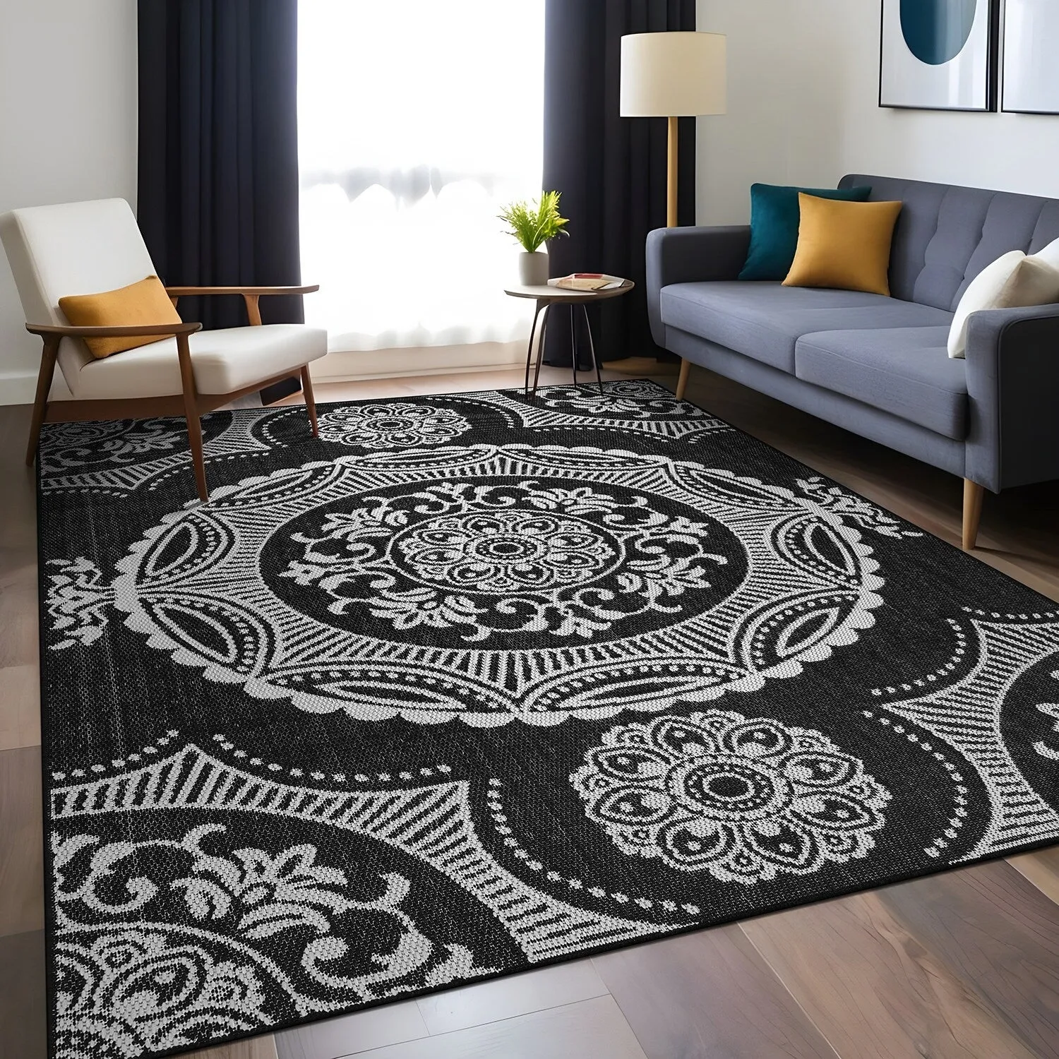 Beverly Rug Blue Medallion Indoor Outdoor Rug. Outside Carpet for Patio. Deck. Porch