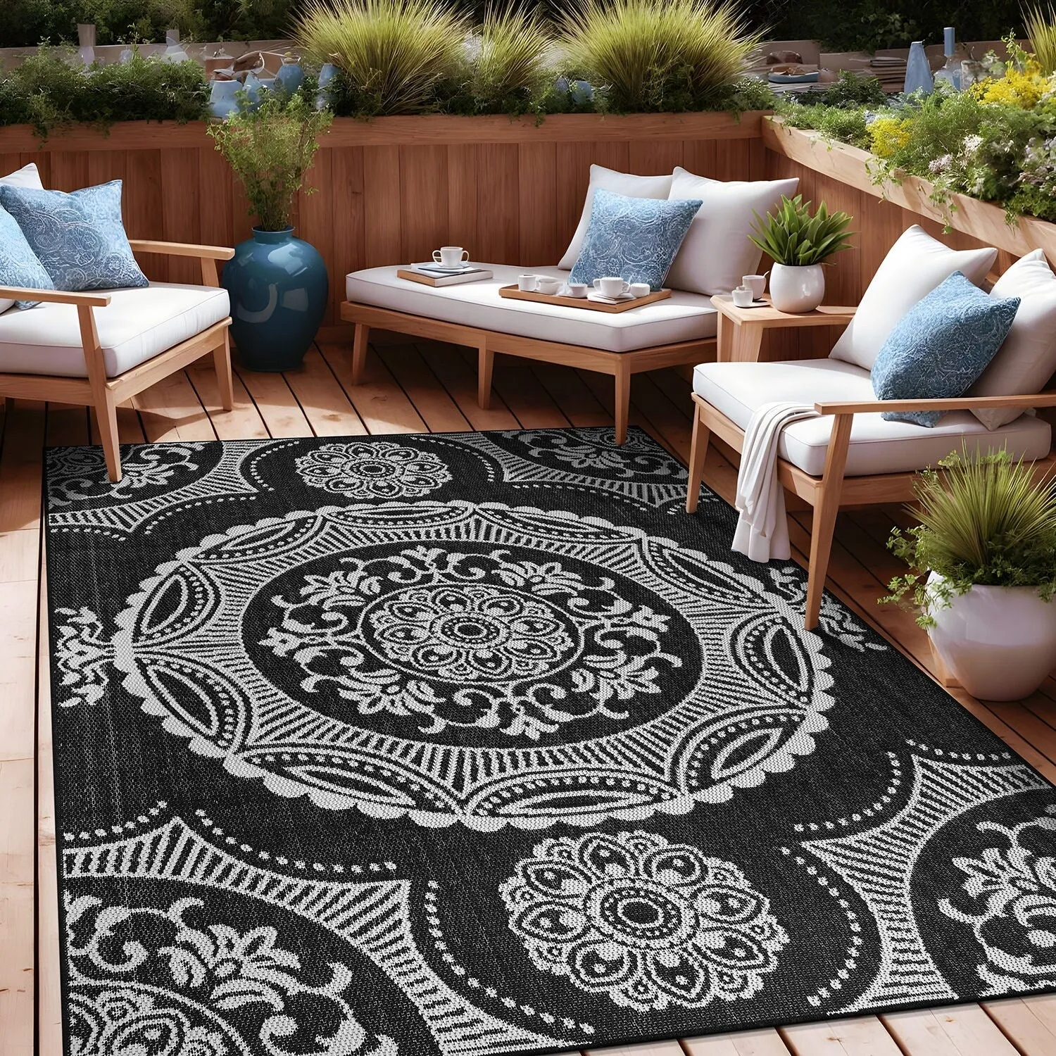 Beverly Rug Blue Medallion Indoor Outdoor Rug. Outside Carpet for Patio. Deck. Porch