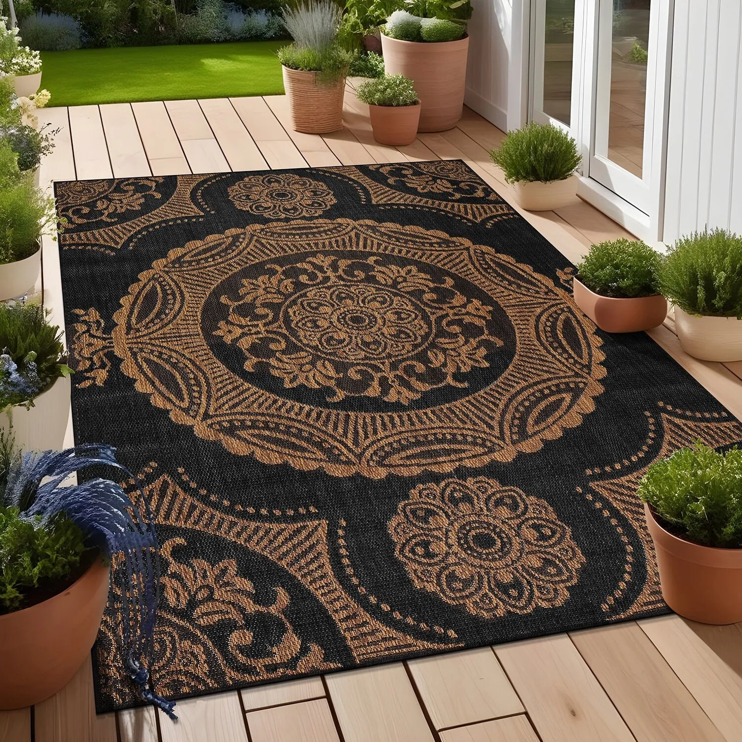 Beverly Rug Blue Medallion Indoor Outdoor Rug. Outside Carpet for Patio. Deck. Porch