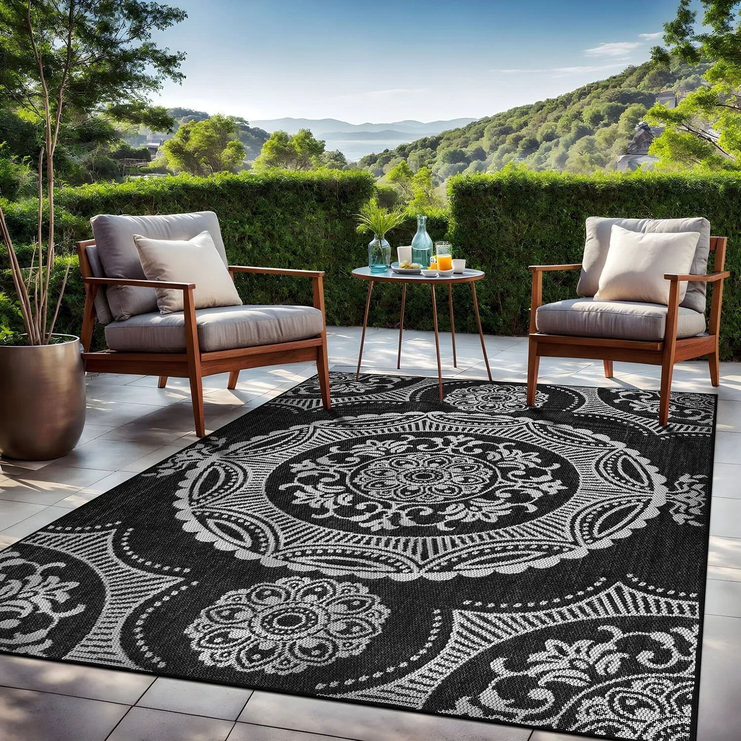 Beverly Rug Blue Medallion Indoor Outdoor Rug. Outside Carpet for Patio. Deck. Porch