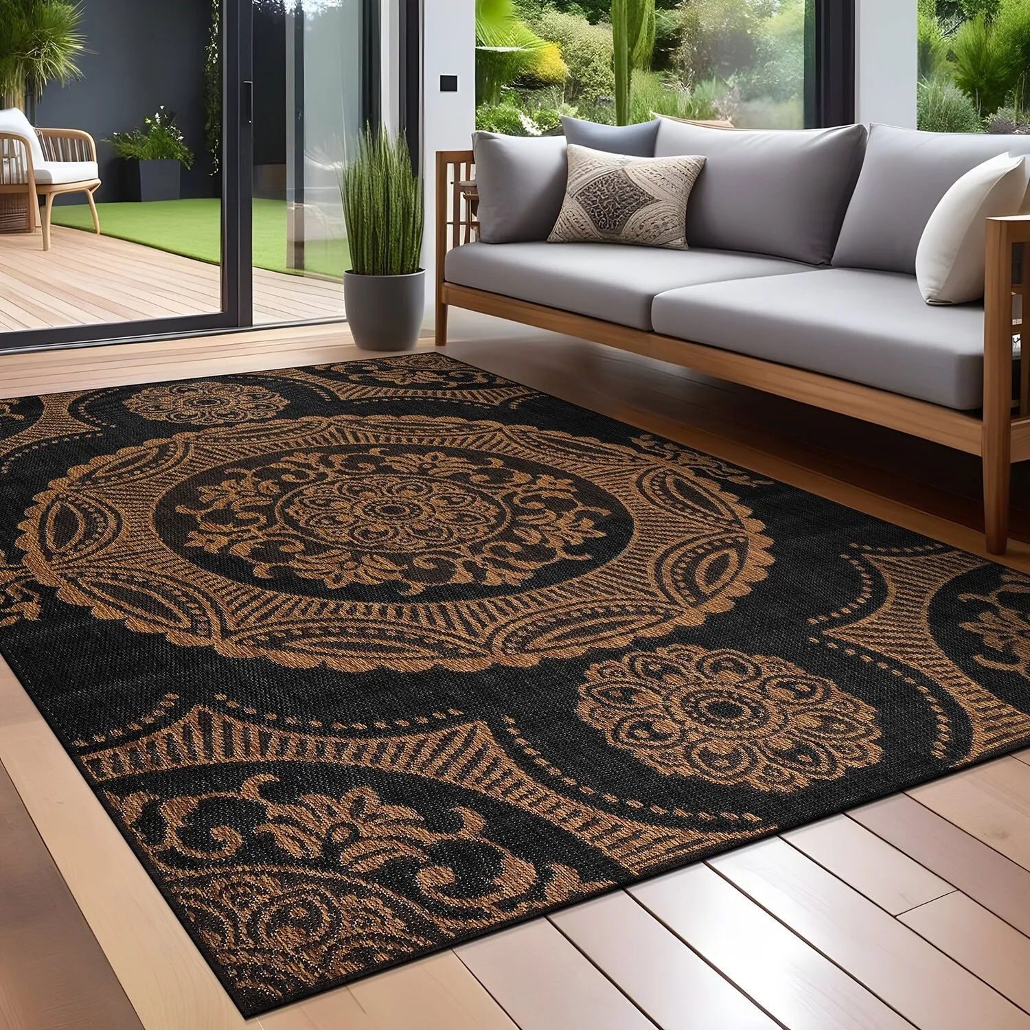 Beverly Rug Blue Medallion Indoor Outdoor Rug. Outside Carpet for Patio. Deck. Porch