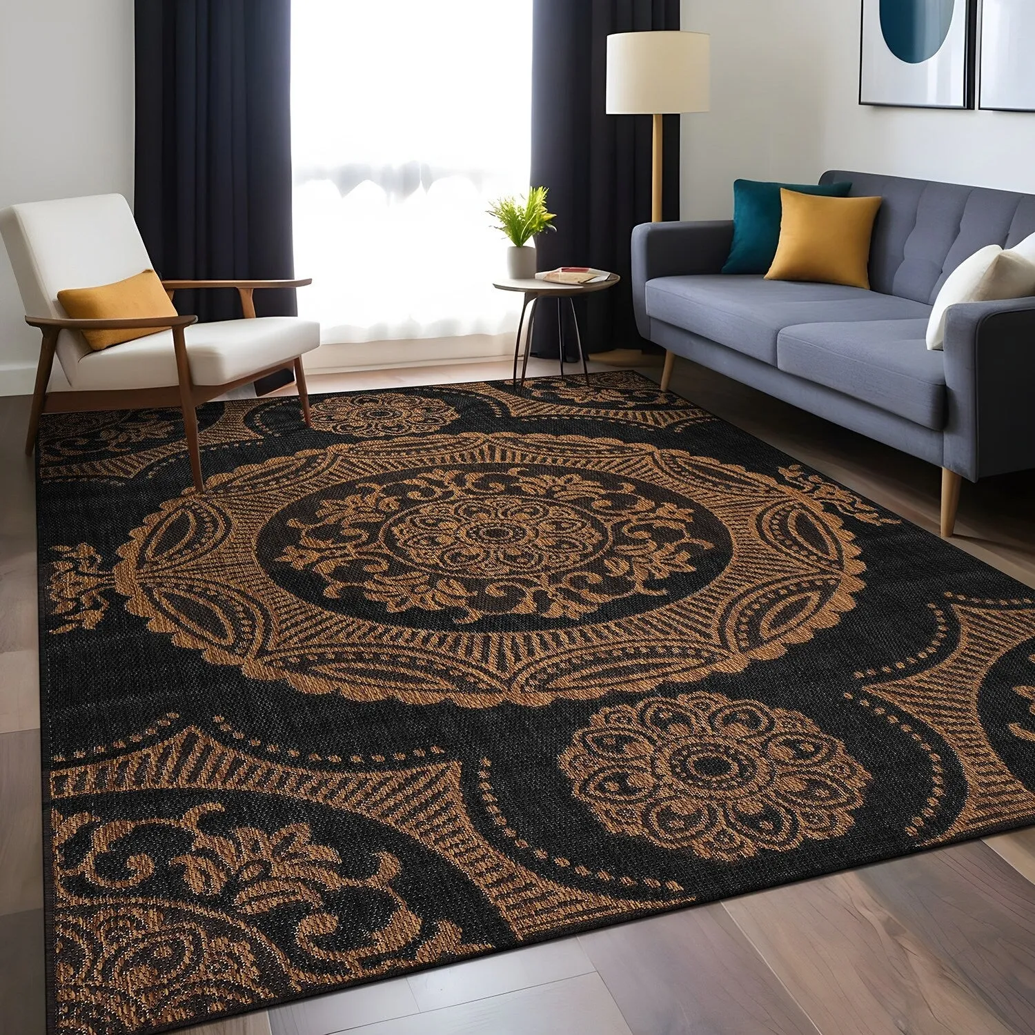 Beverly Rug Blue Medallion Indoor Outdoor Rug. Outside Carpet for Patio. Deck. Porch