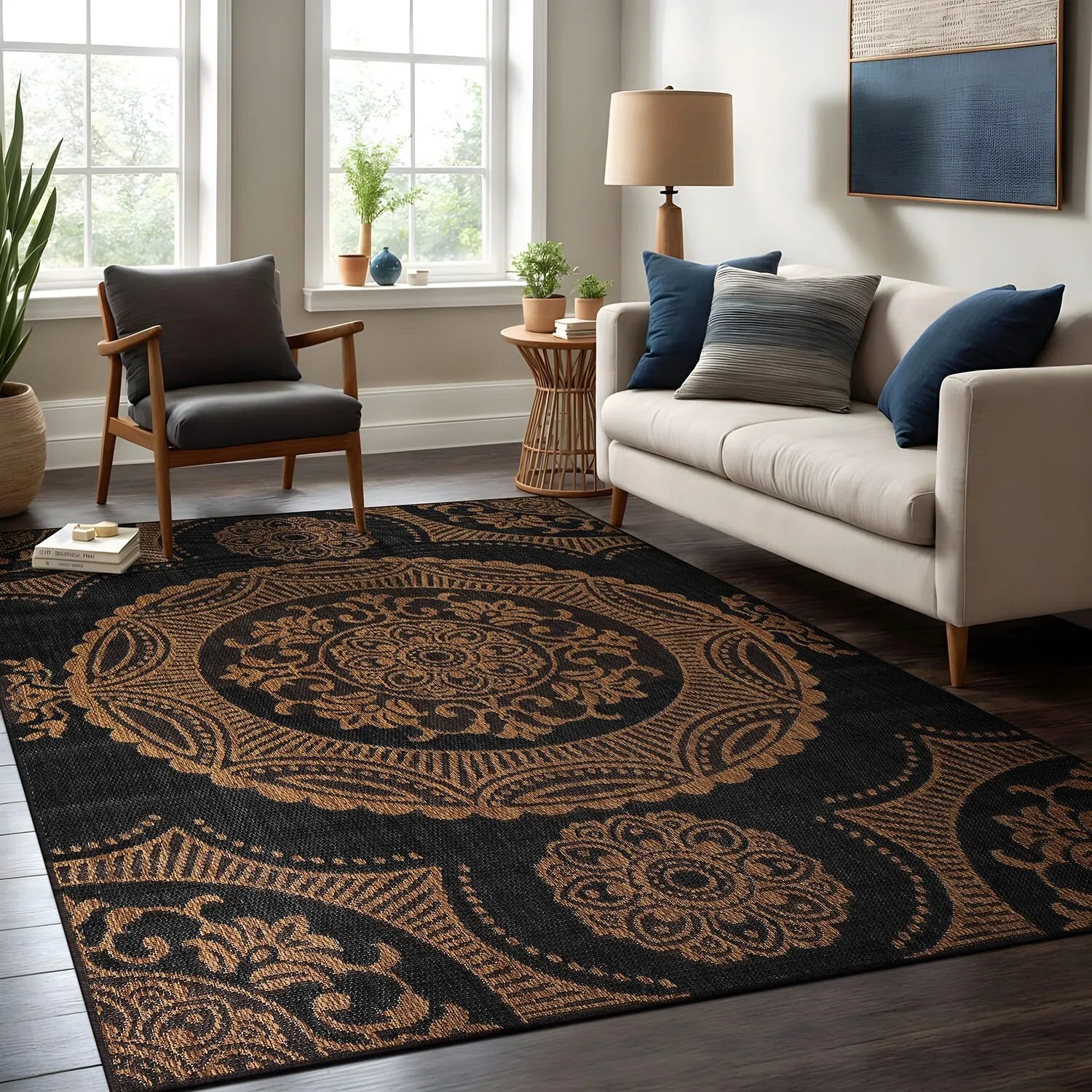 Beverly Rug Blue Medallion Indoor Outdoor Rug. Outside Carpet for Patio. Deck. Porch