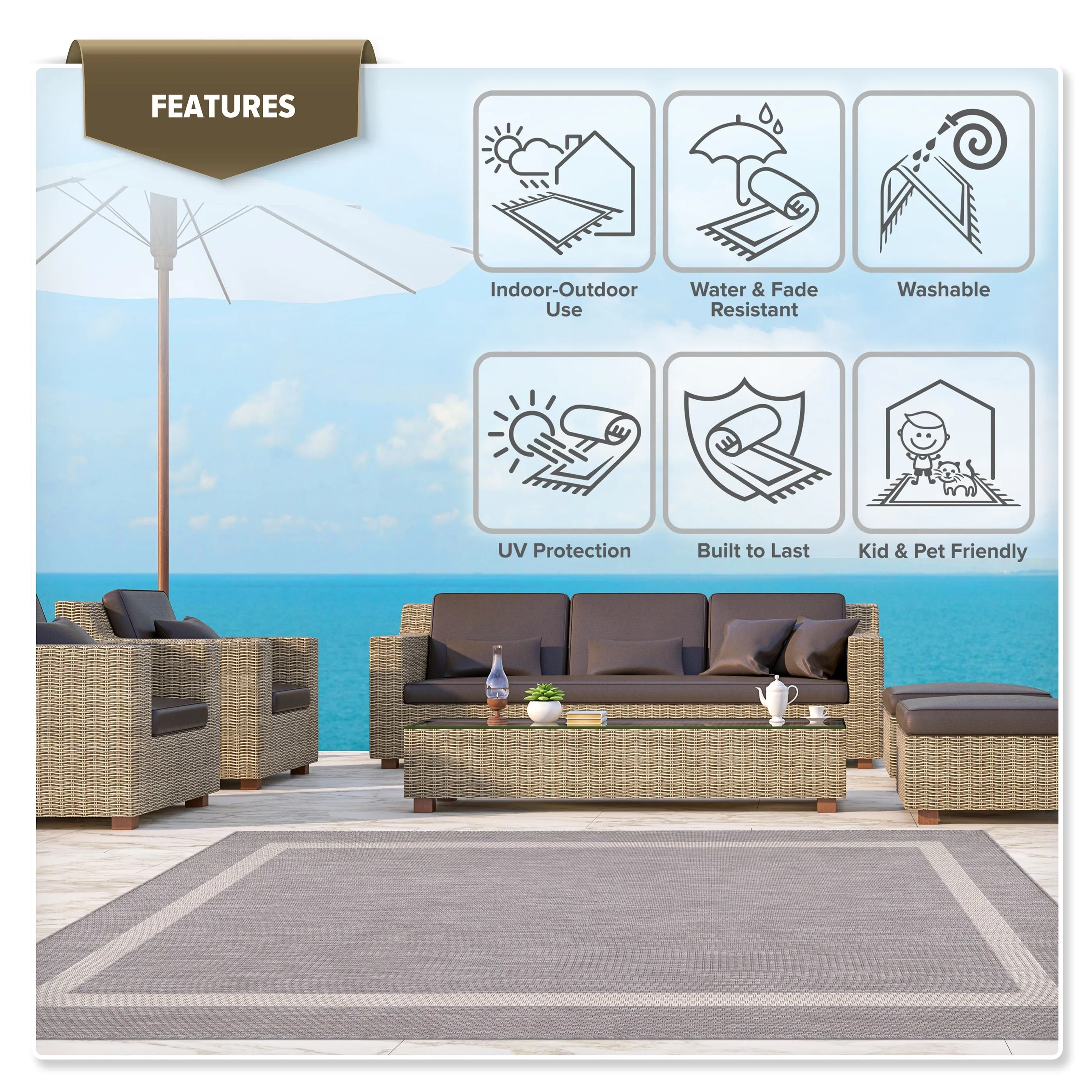 Beverly Rug Bordered Indoor Outdoor Rug. Outside Carpet for Patio. Deck. Porch - Grey